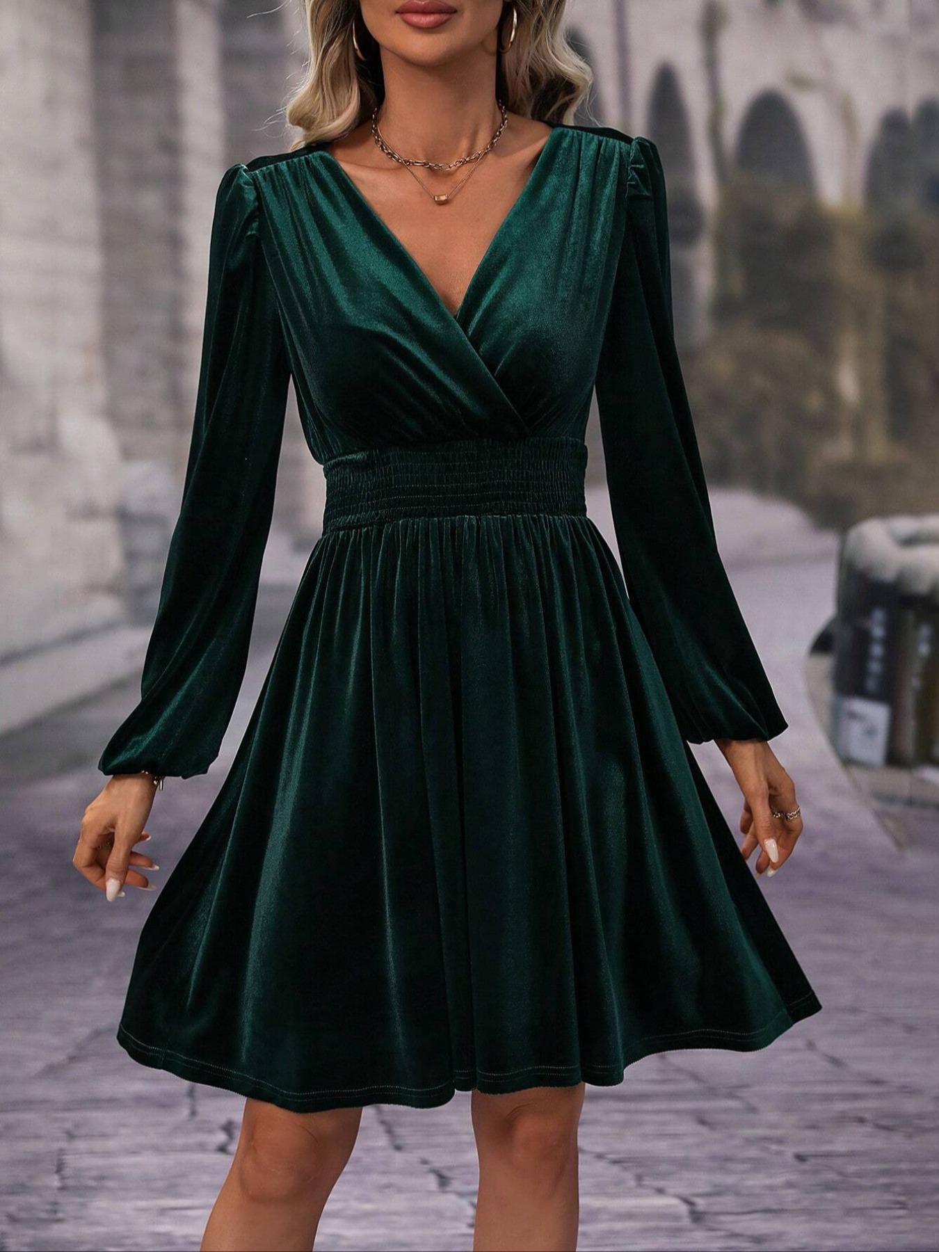 Velvet V Neck Long Sleeve Waist Cinching Solid Color Formal Party Dress, Spring Festival Perfect Choice, Fitted Versatile Elegant Short Skirt