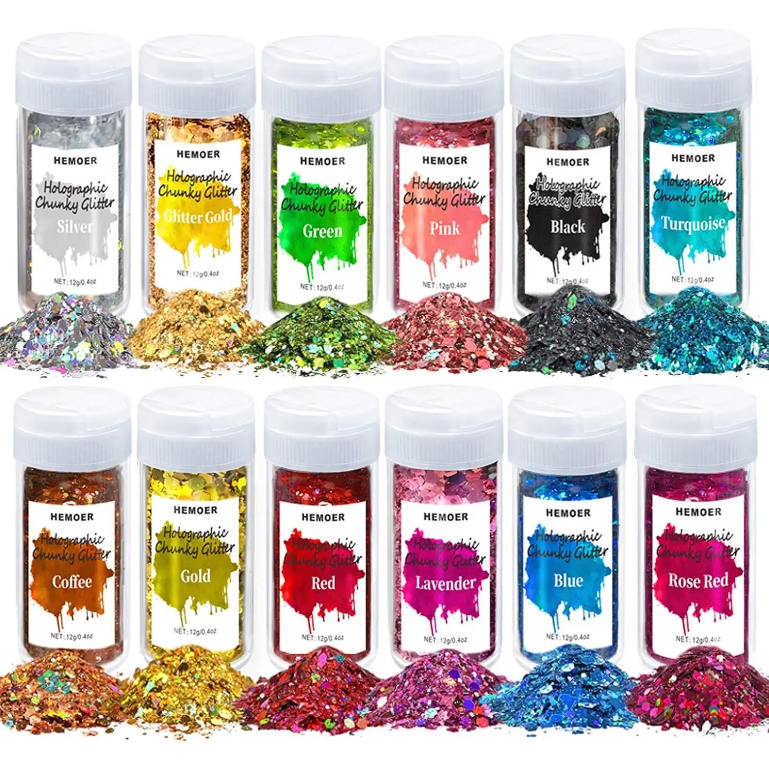 Holographic Chunky Glitter, 12 Colors Sparkle Sequins, Mix Exclive Polyester Glitter Set for Epoxy Resin, Tumblers,Crafts, Makeup, Festival Party Decoration - 0.42oz Each Bottle