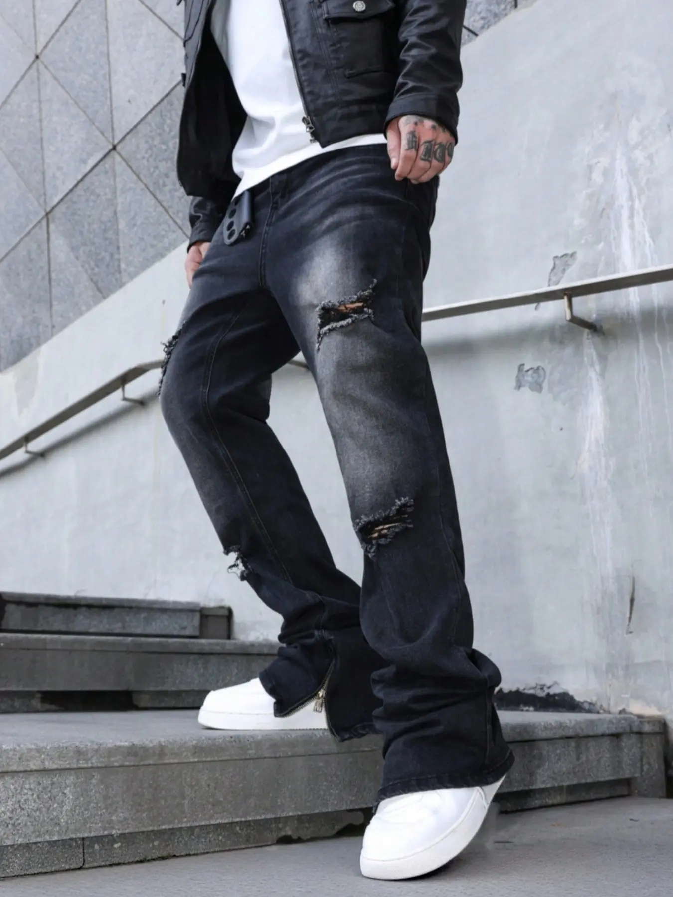 Men's Vintage Gradient Washed Ripped Bell Bottom Jeans, Side Zipper Ankle Stack Long Boot Pants, Stacked Bootcut Jeans, Y2K High Street Streetwear