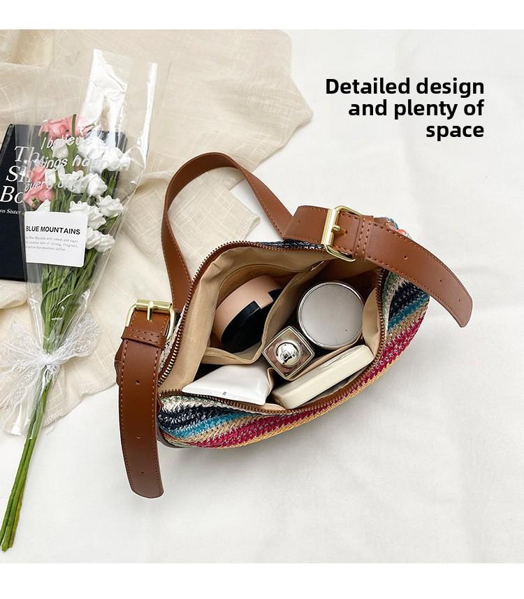 Summer Woven Bag for Women – New Style Large Capacity Cross-body Bag with Shoulder Strap – Rainbow Stripes Dumpling-Shaped Woven Fabric Tote for Daily Commuting