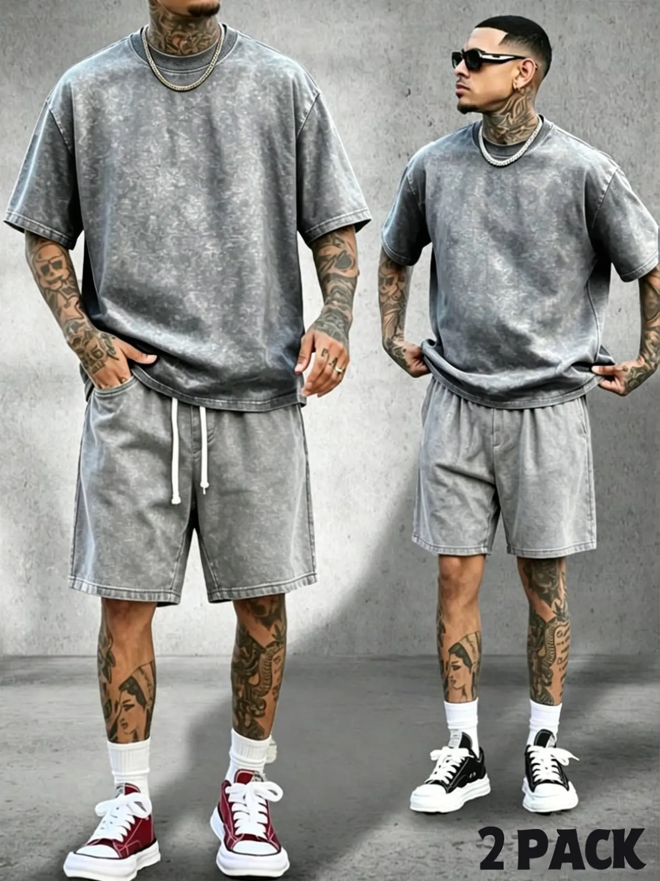 Men's 2-Piece Set Casual Vintage Washed Solid Round Neck T-Shirt and Jeans Shorts, Multiple Colors Available, Loose Streetwear Summer Clothes