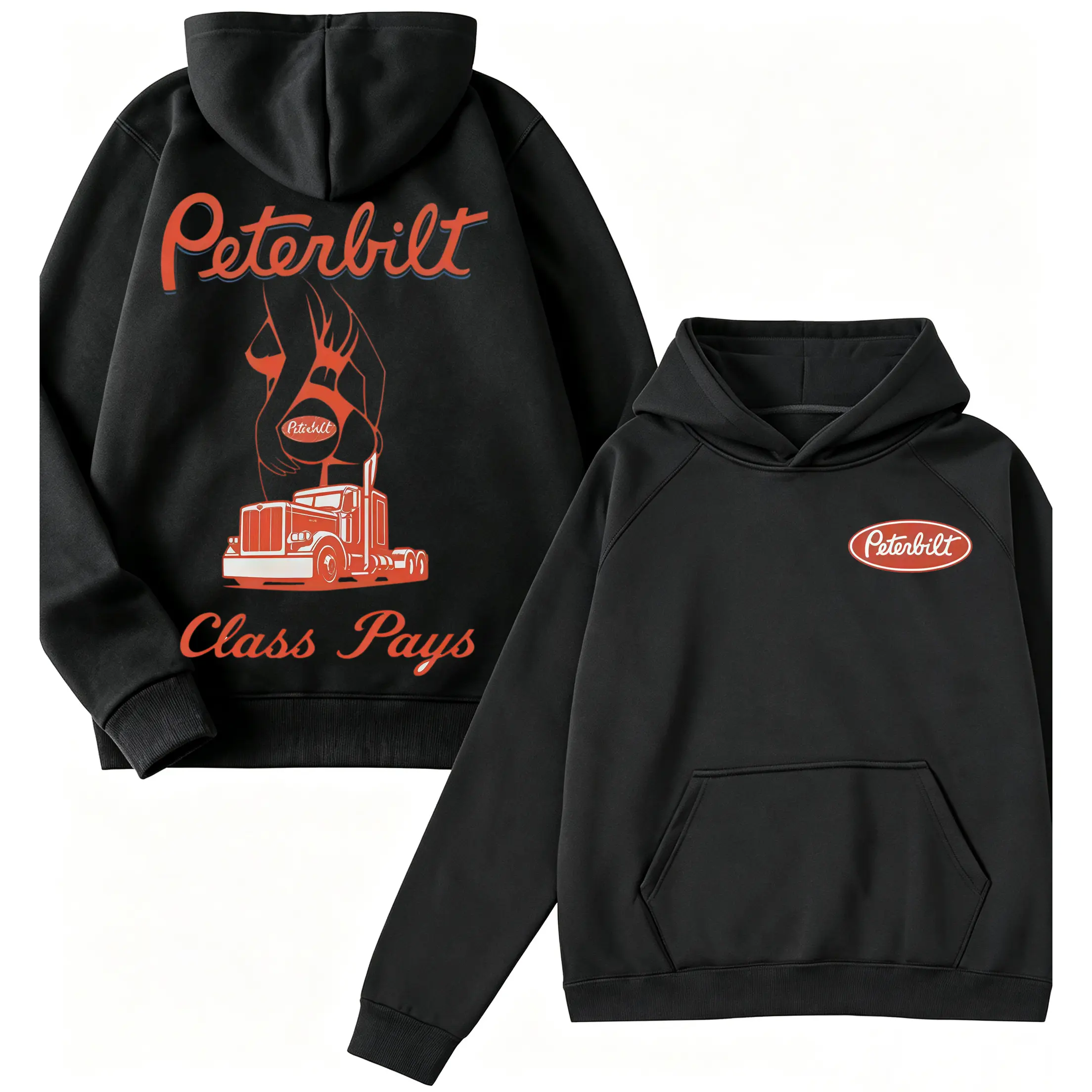 🚗 💥 Double Sided Print Peterbilt Class Pays Semi Truck Hoodie, Vintage Trucker Graphic Hooded Sweatshirt For Unisex
