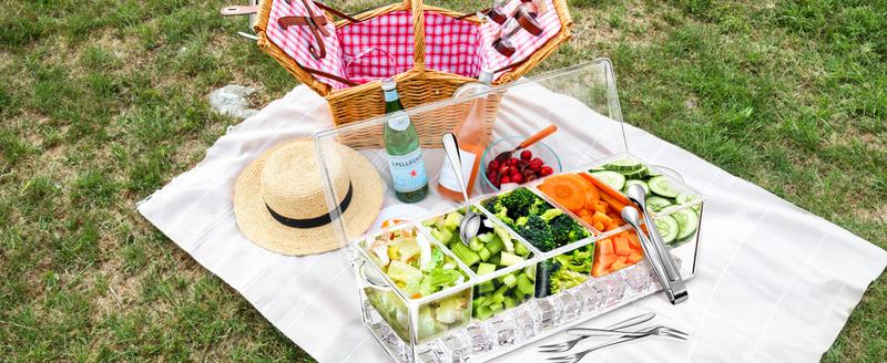 7CODE Condiment Tray with Stainless Steel 5 Spoons, 5 Forks and 1 Clip, Chilled Condiment Server, Condiment Server, Bar Garnish Holder on Ice, Bar Accessories Fruit and Salad with Removable Trays and Lid