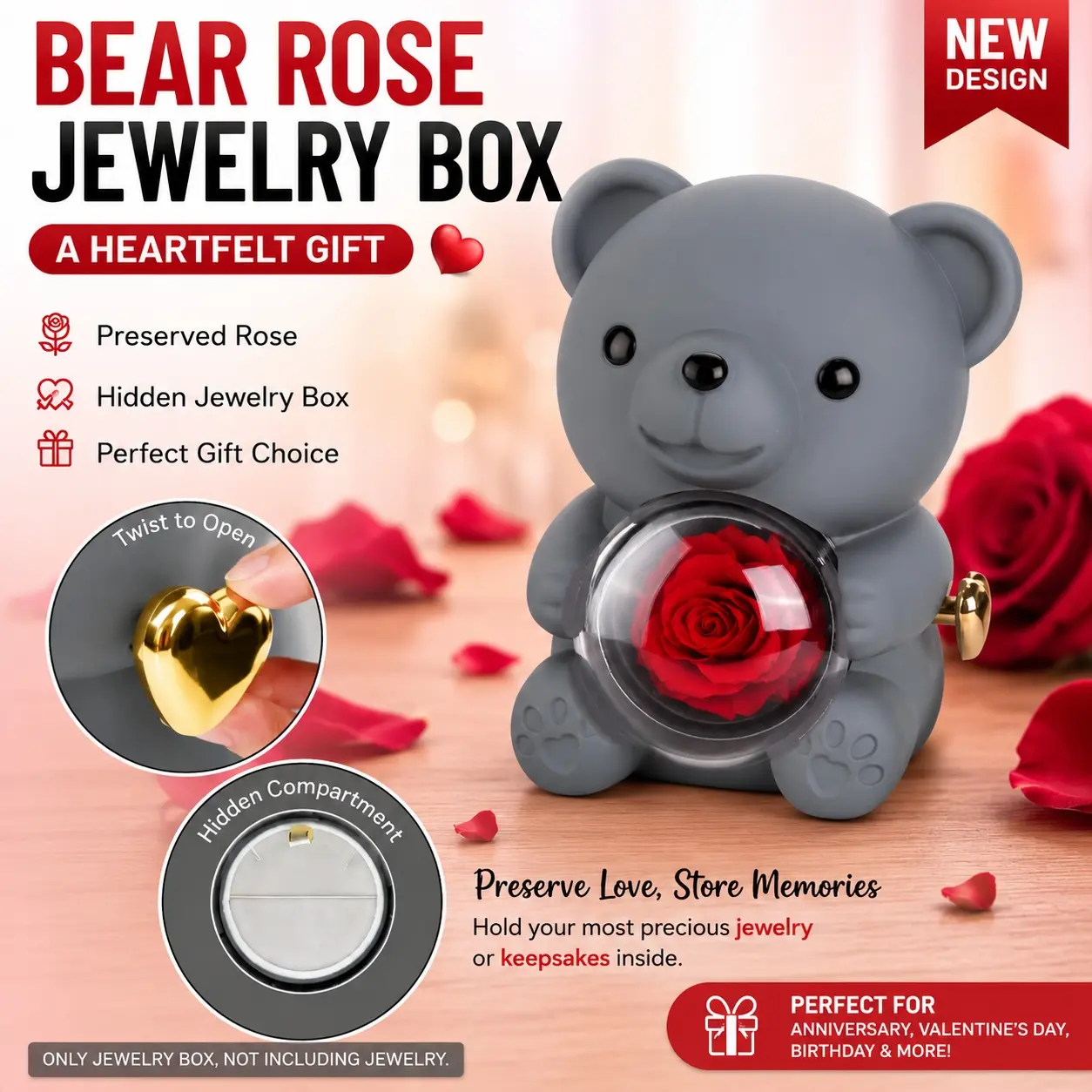 2026 Viral Bear Rose Jewelry Box with Preserved Rose & Hidden Compartment, Cute Teddy Bear Ring & Necklace Storage Box, Romantic Gift for Girlfriend, Wife, Mom, Anniversary, Birthday, Valentine's Day, Christmas