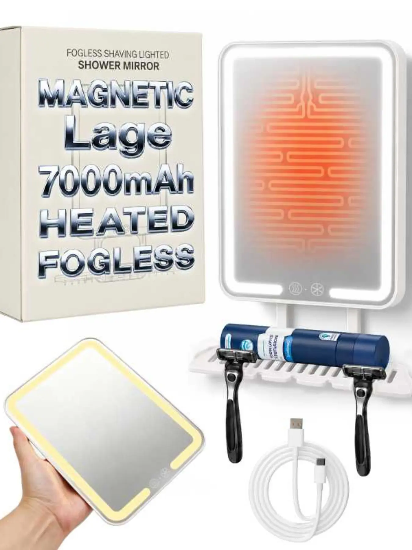 Heated Shower Mirror with Lighting, Anti-Fog Shaving, 7000mah Rechargeable Battery, Detachable Suction Cup, Wall-Mounted Razor Holder, Waterproof, Bathroom Use