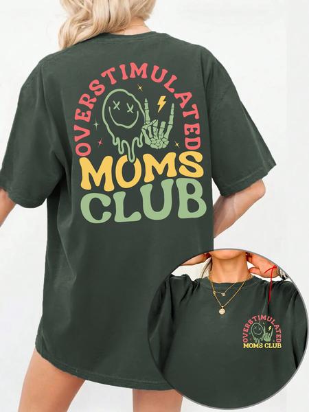 Women's Overstimulated Moms Club Round Neck Graphic Tee, Vintage Trendy Casual Short Sleeve T-shirt for Daily Wear, Ladies Summer Outfit, Top