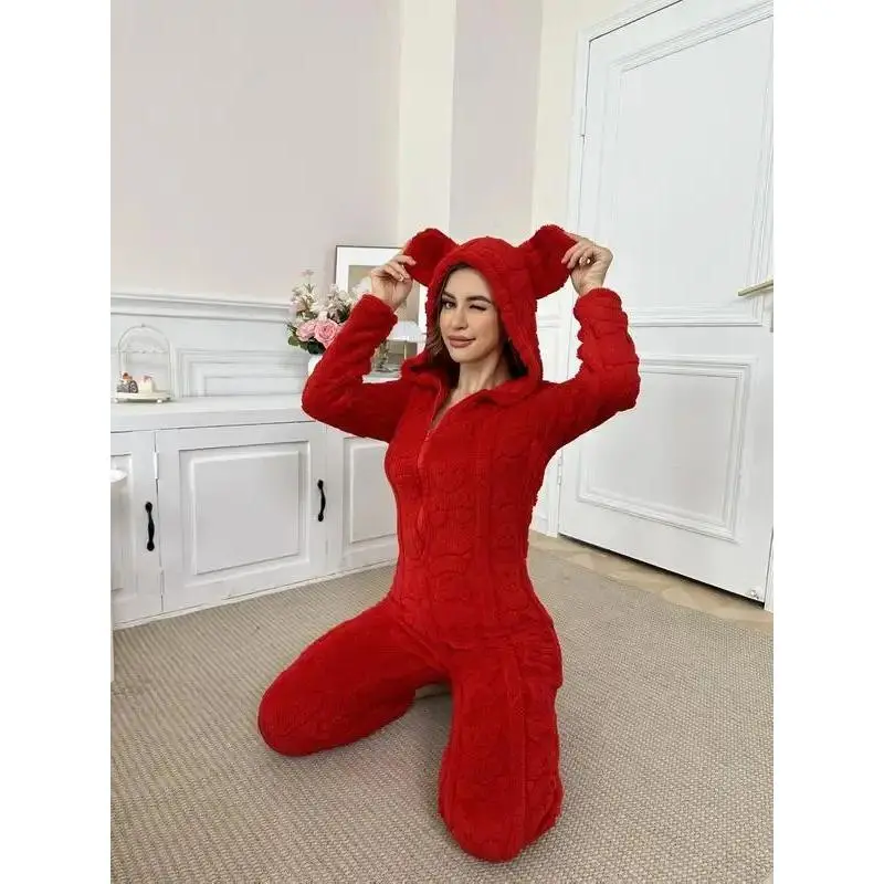 Women's Plush Bunny Ear Hooded Zipper Jumpsuit, Fall & Winter Casual Warm One-Piece, Thick Fabric Home Wear