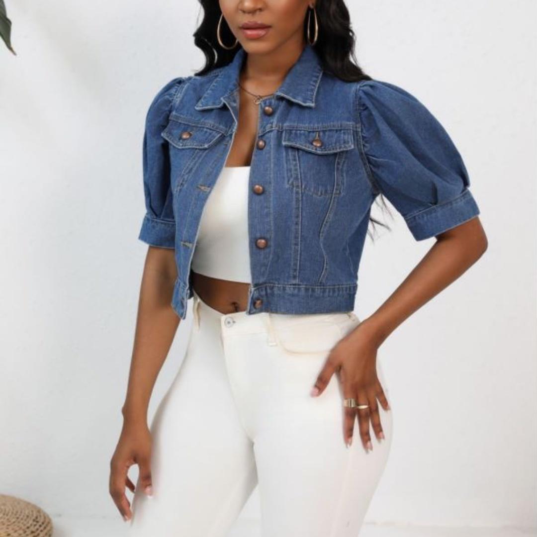 Puff Sleeve Cropped Denim Jacket | Short Sleeve Button-Up Jean Jacket | Casual Summer Denim Outerwear for Women 2026