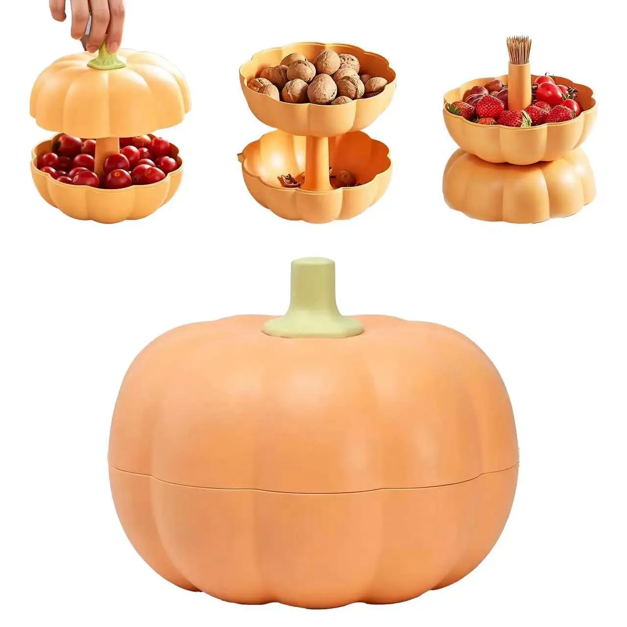 Double-Layer Desktop Storage Box With Lid In Pumpkin Shape, A Household Essential For Desktop Storage.It Can Hold Candies, Toothpicks (Dental Floss), Food, Fruits And Snacks, Suitable For Daily Decorative Storage, Halloween And Parties.