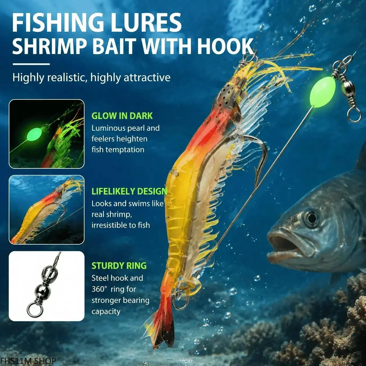 10PCS Premium Long Soft Shrimp Fishing Lures, Glow-in-Dark with Anti-Tangle Treble Hook, for Freshwater/Saltwater Night Fishing, Summer Essentials Unisex Artificial Bait