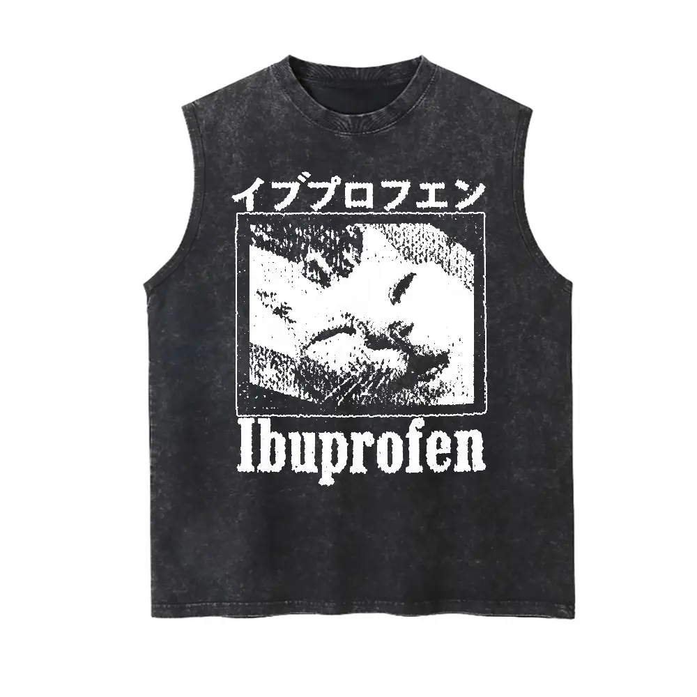 Men's Heavyweight Vintage Tank Top | Retro Japanese Cat Graphic, Garment-Washed Cotton Fabric with a Soft Feel & Classic Drape for Streetwear, Menswear, Print, Loose, Distressed, Baggy, Oversized, Round Neck, Sleeveless, 5Xl, Digital Print