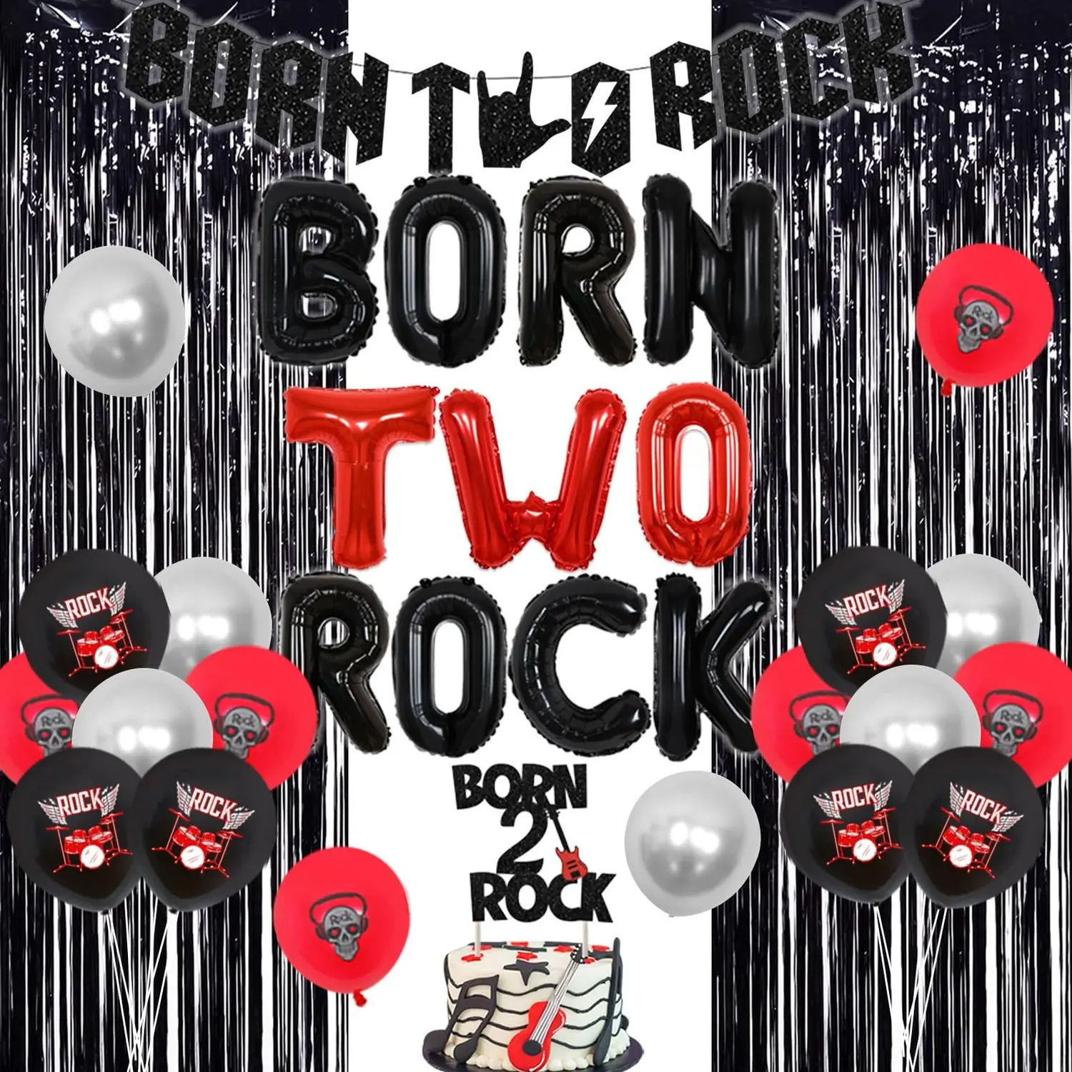1Set Born Two Rock Birthday Decorations Rock and Roll 2anniversary Birthday Party Supplies with Balloon Banner Cake Topper Balloon Fringe Curtain for Music Theme Party