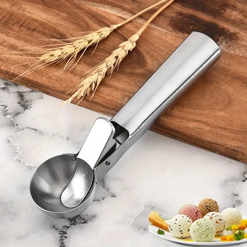 Stainless Steel Ice Cream Spoon with Trigger, Perfect for Ice Cream and Jelly, Heat Resistant, Dishwasher Safe, Comfortable Grip