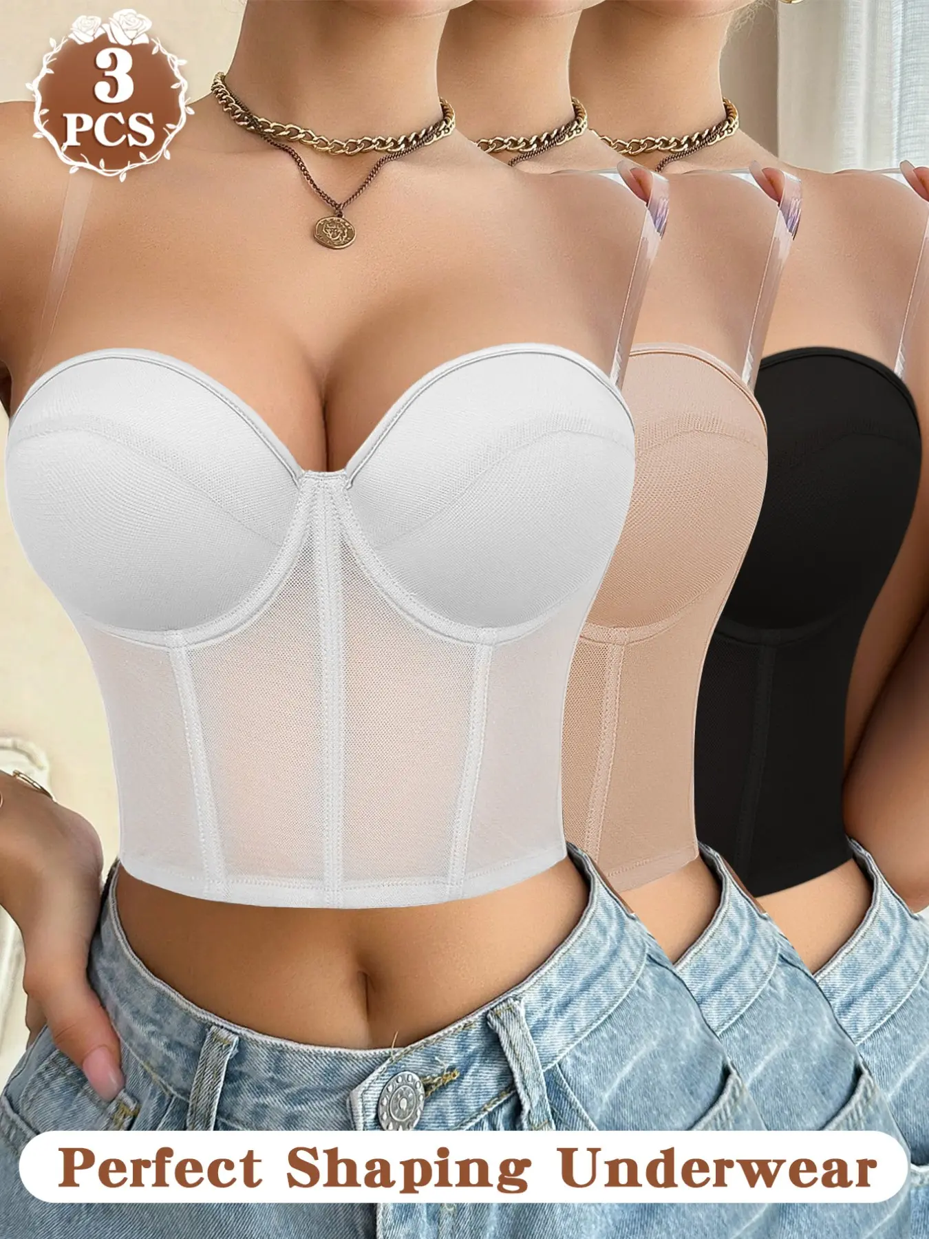 1/2/3PCSWomen Heart Half Cup Boned Corset Crop Top, Detachable Clear Straps Adjustable Thin Straps Back Hook Underwire Push Up Shapewear Cami, Outfit for Date & Party, Elegant