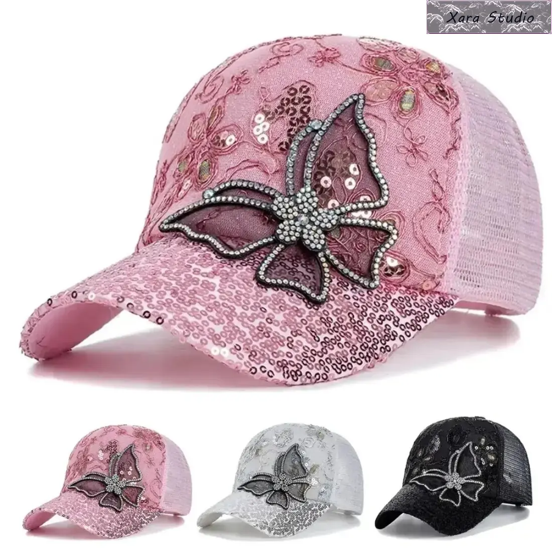 Butterfly Lace Baseball Cap, Glitter Mesh Trucker Hat for Women & Men, Breathable Adjustable Snapback, Y2K Aesthetic Sparkly Sun Hat for Summer, Beach, Travel & Daily Wear,summerwins