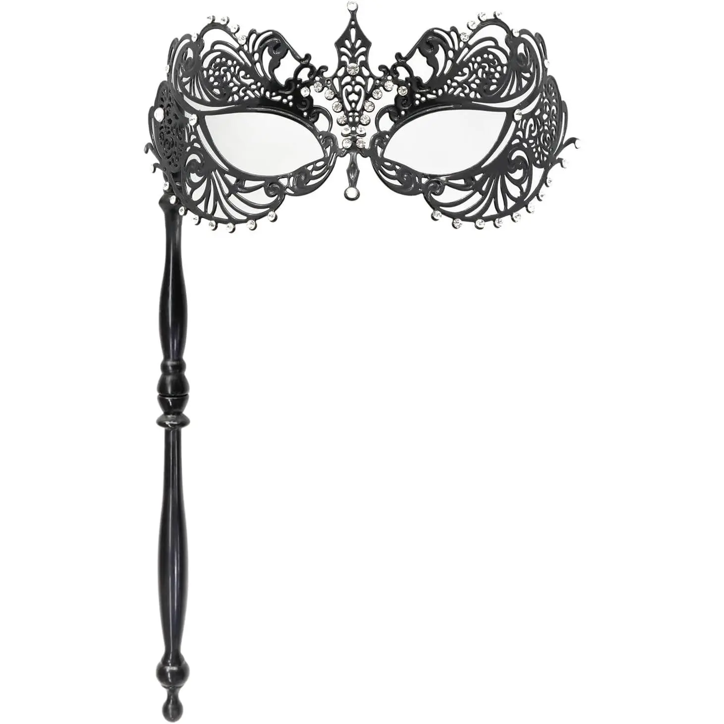 Venetian Halloween Mardi Gras Party Mask with Holding Stick, Carnival Handheld Metal Feather Rhinestone Masquerade Mask