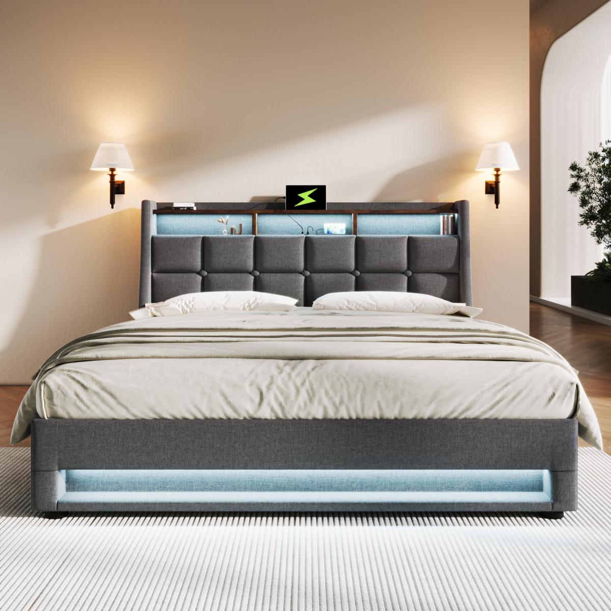 Soft padded platform bed with hydraulic storage system, LED and USB charging, natural (without mattress)
