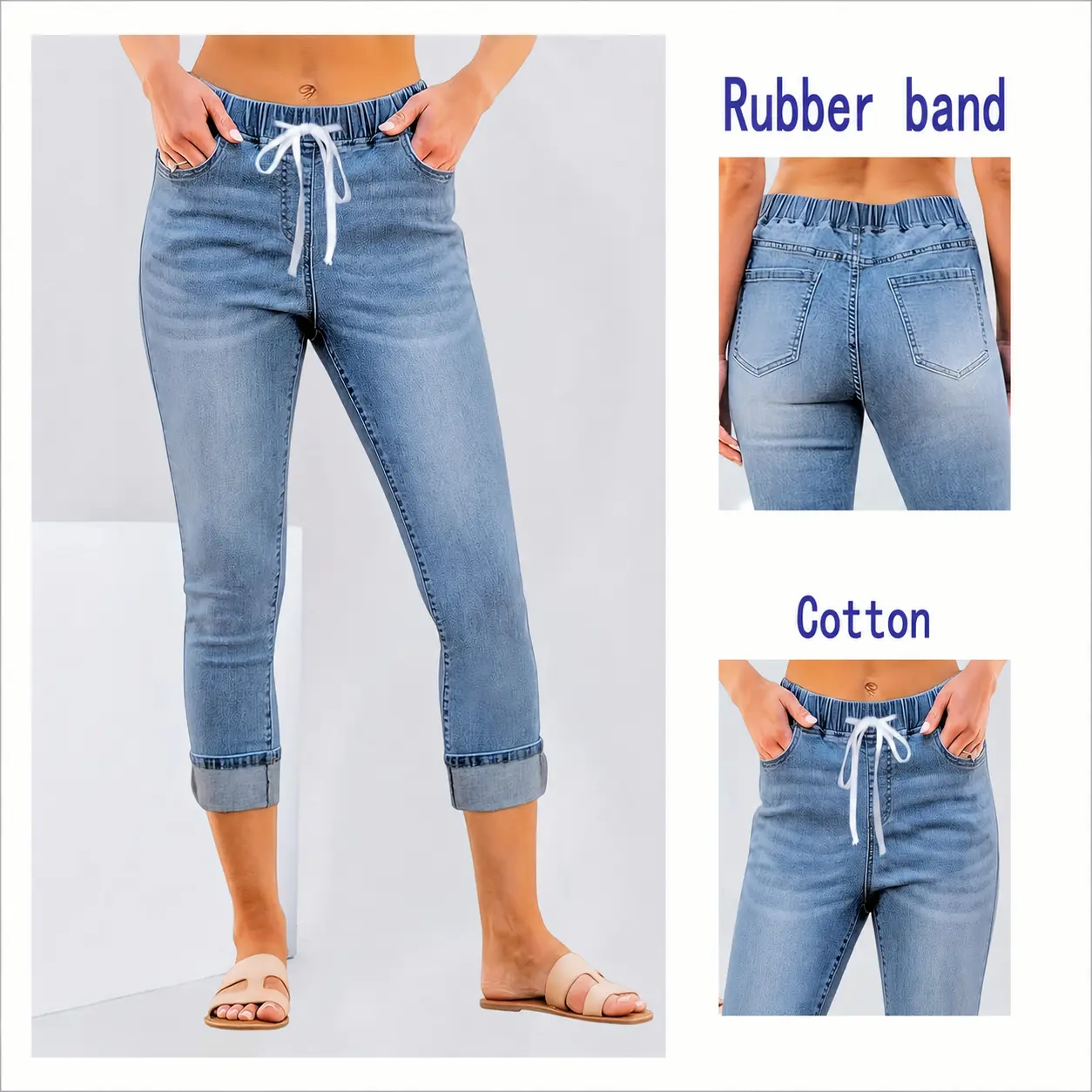 Women's Solid Capri Jeans in High-Stretch Denim Blend, Preppy Skinny Fit Bottoms with an Elastic Drawstring Waist