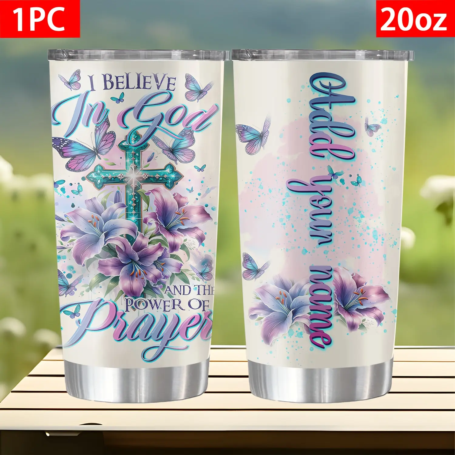Custom Name I Believe In God And The Power Of Prayer Purple Lily Butterfly Cross Stainless Steel Tumbler 20oz Insulated Travel Mug Personalized Christian Faith Religious Gift