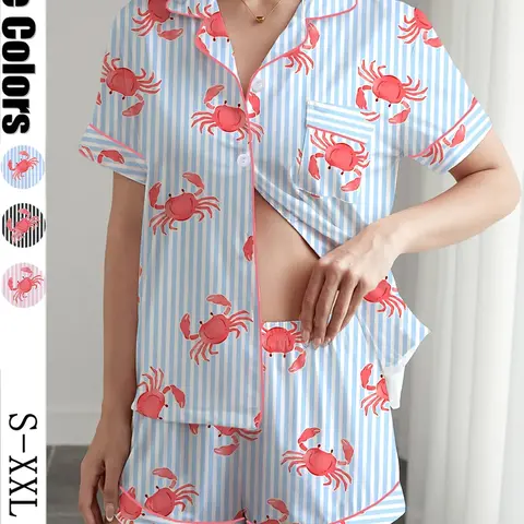 Women's 2-Piece Sleepwear Set, Small Crab Print, Short Sleeve Button-Down Top and Elastic Shorts, Casual Home Wear Pajama Loungewear, Printed Pajama Set, Pjs, Homewear, Lady, Womenswear