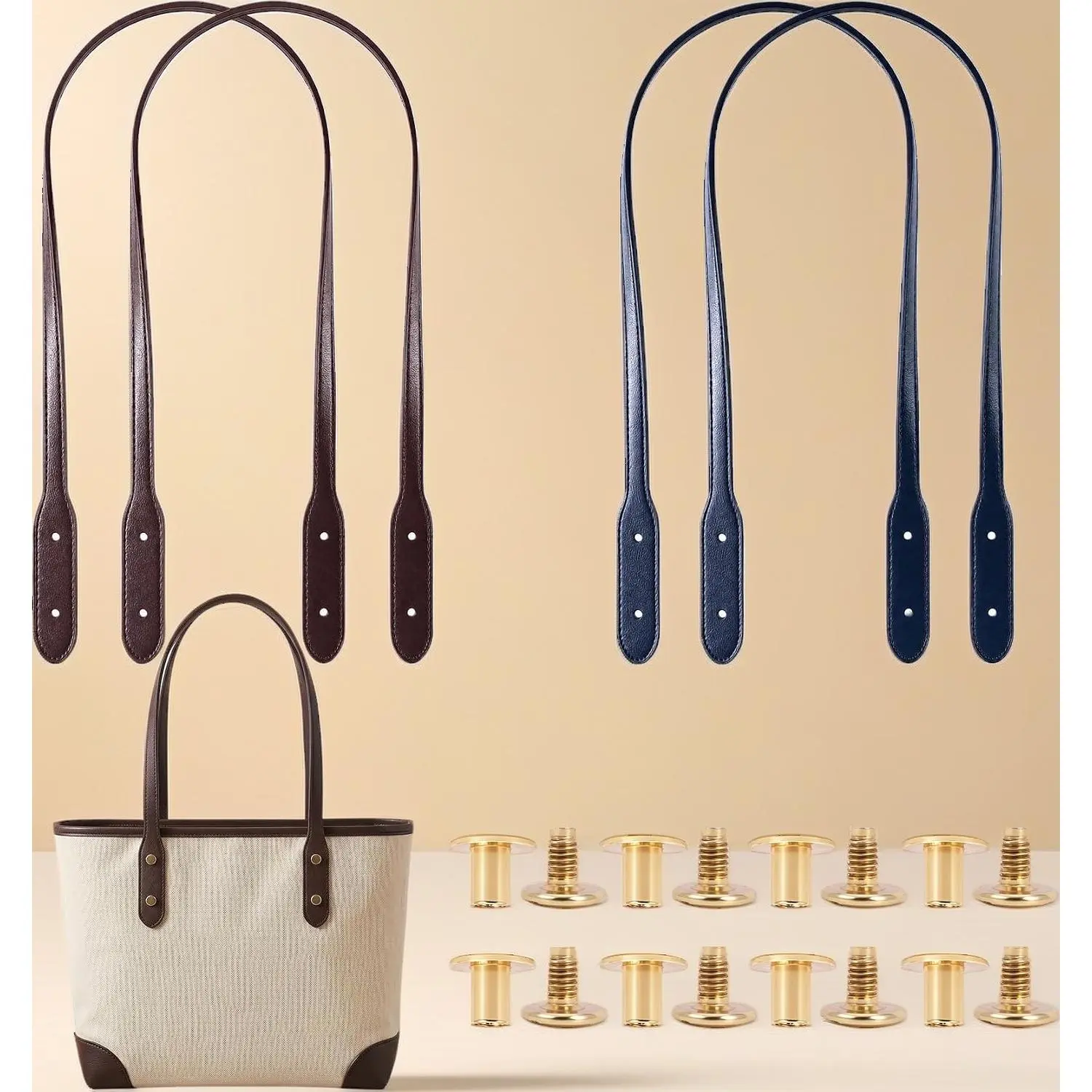 28.15 Inch Rivet Leather Bag Strap Adjustable Wrap Handbag Handle Replacement Belt Navy Brown 4Pcs Purse Tote Shopping Bag Shoulder Handle Band