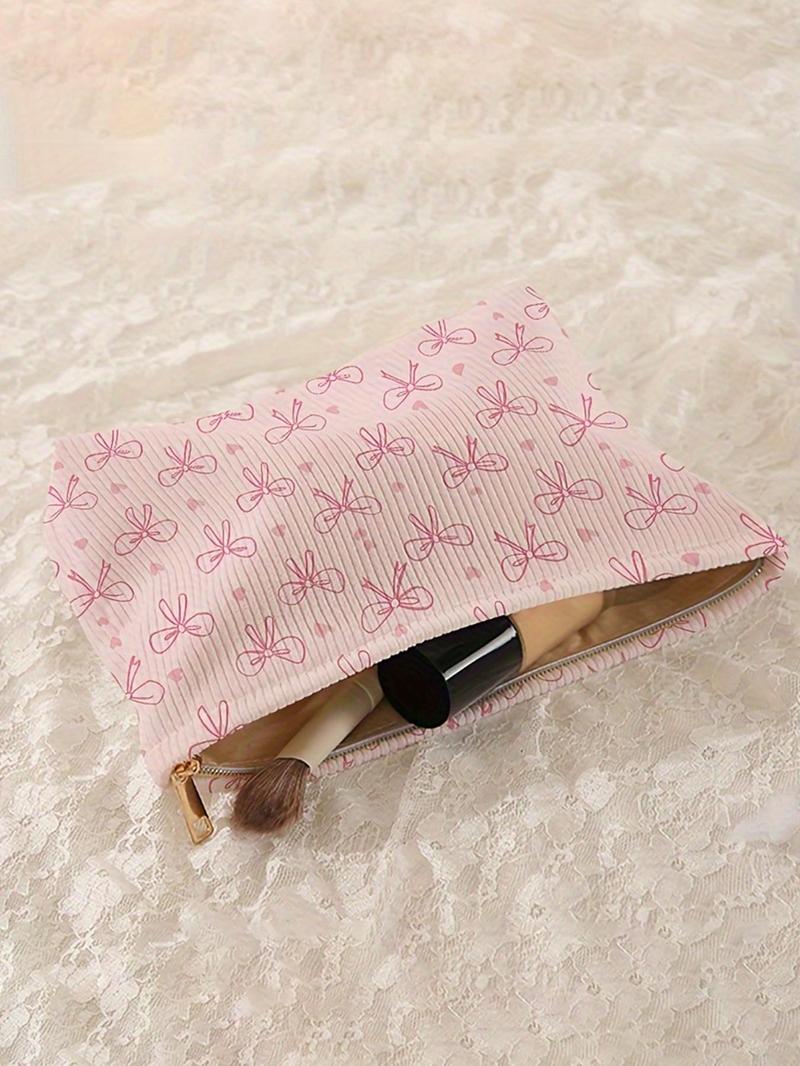 Cute Bow & Heart Pattern Corduroy Makeup Bag, Handheld Cosmetic Pouch, Makeup Organizer Pouch, Lightweight Portable Toiletry Bag, Multi-functional Storage Bag, Travel Makeup Bag, Suitable for Leisure Travel and Various Occasions
