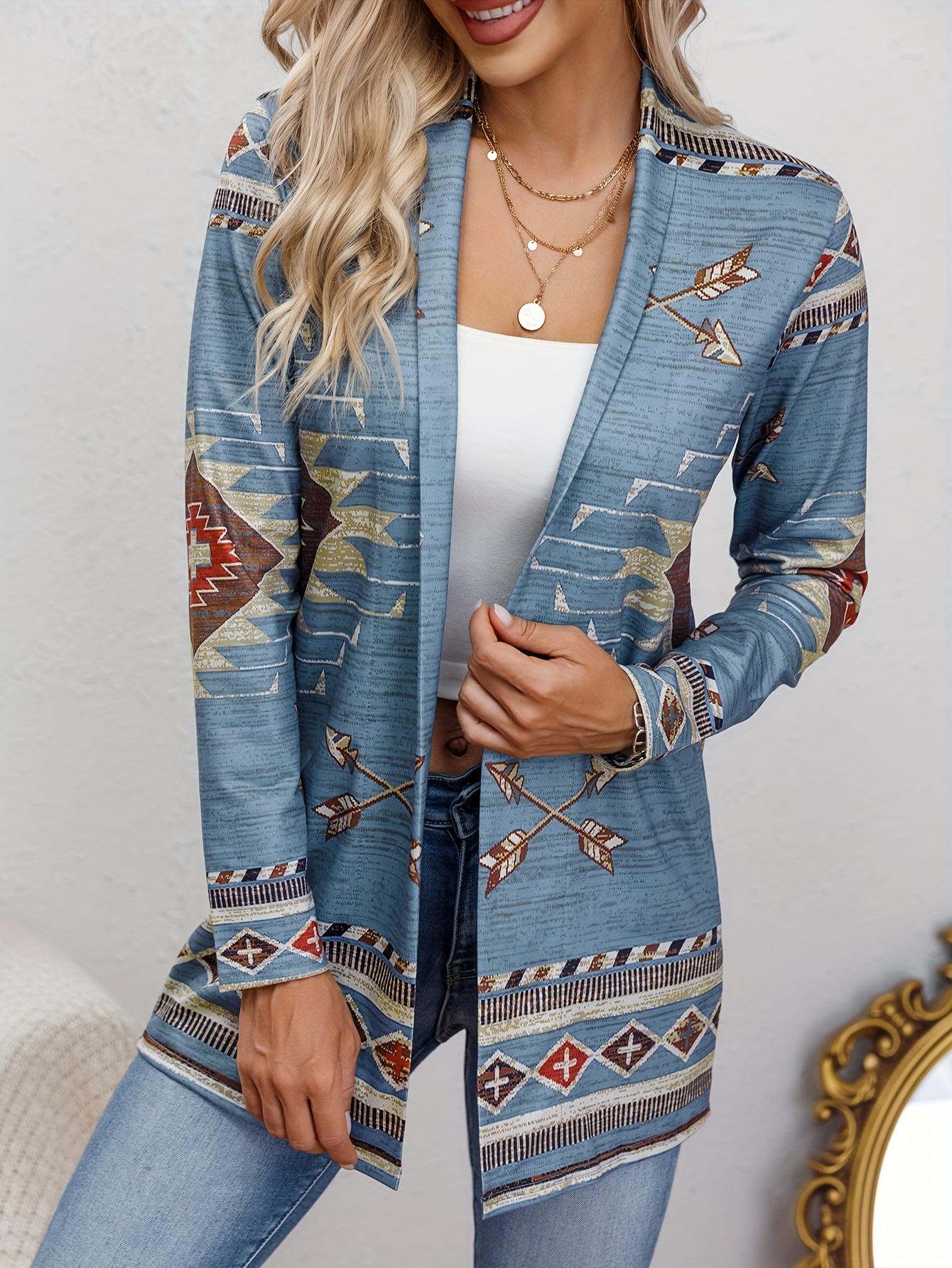 [Ethnic Print Cardigan] Casual Ethnic Print Open Front Long Sleeve Loose Cardigan - Western Style Women's Clothing
