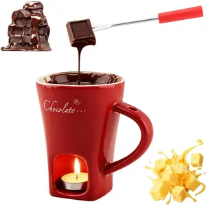 Chocolate Fondue Cup,Chocolate Fondue Mug with Fork and Candle,Ceramic Chocolate Melting Cup for Birthday Date Night Birthday Wedding Gifts (11.5 * 5.5 * 8.5cm,COLOR:Red)