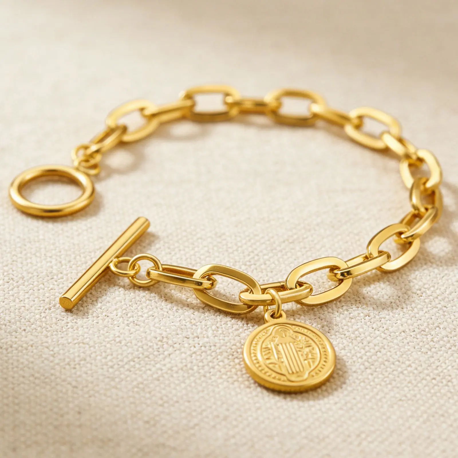 St. Benedict Coin Bracelet - Vintage Costume Jewelry with Chunky Toggle Clasp, Coin Detail, Plastic Alloy Build, Protection Amulet, Daily Wear Layering Piece, Lucky Charm Gift