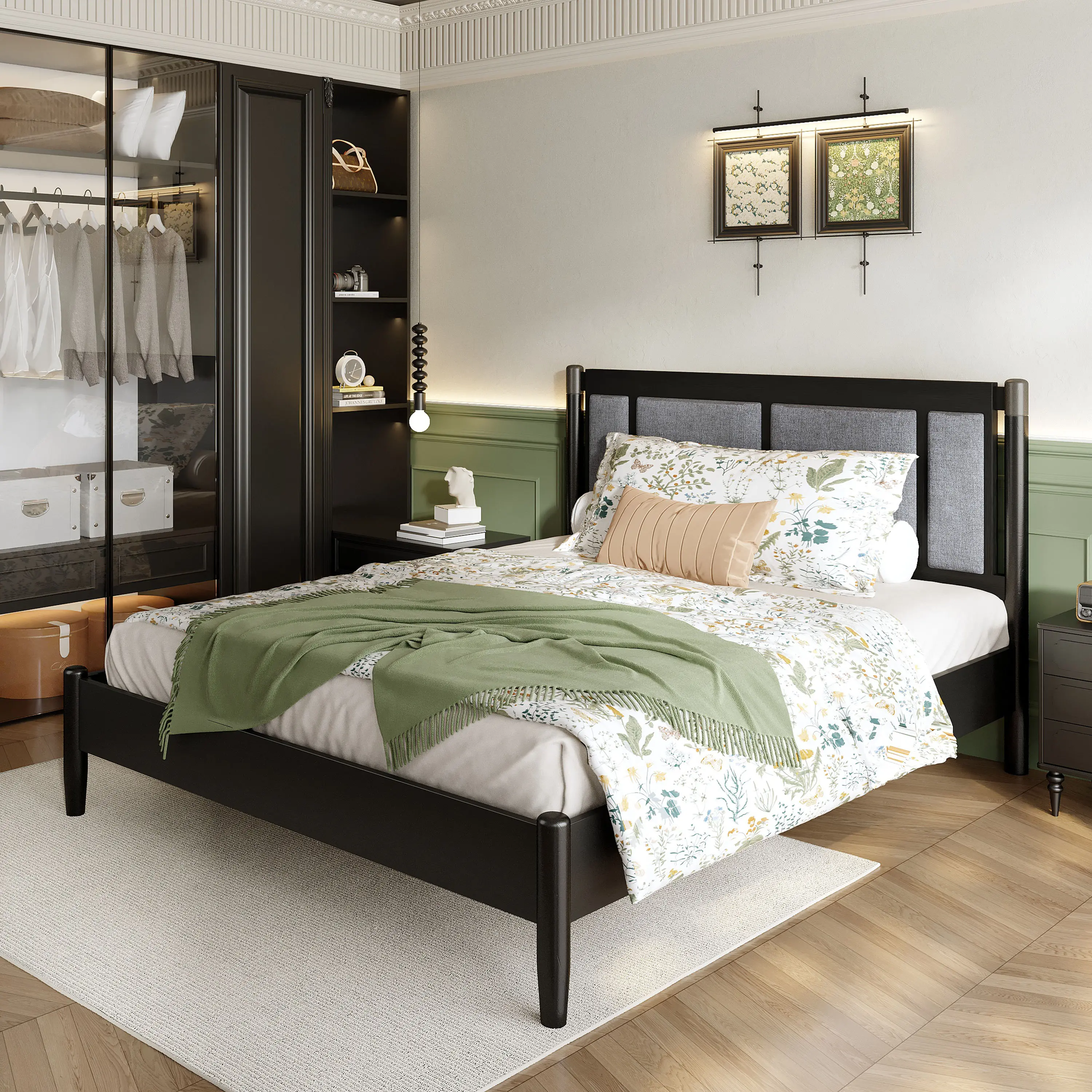 ARCH Solid Wood Queen Bed Frame Heavy Duty 500 lbs Support No Box Spring Needed Black Upholstered Headboard with Metal Handles Platform Bed for Master Bedroom Guest Room Home Furniture Household Product Search Terms for US Online Shopping