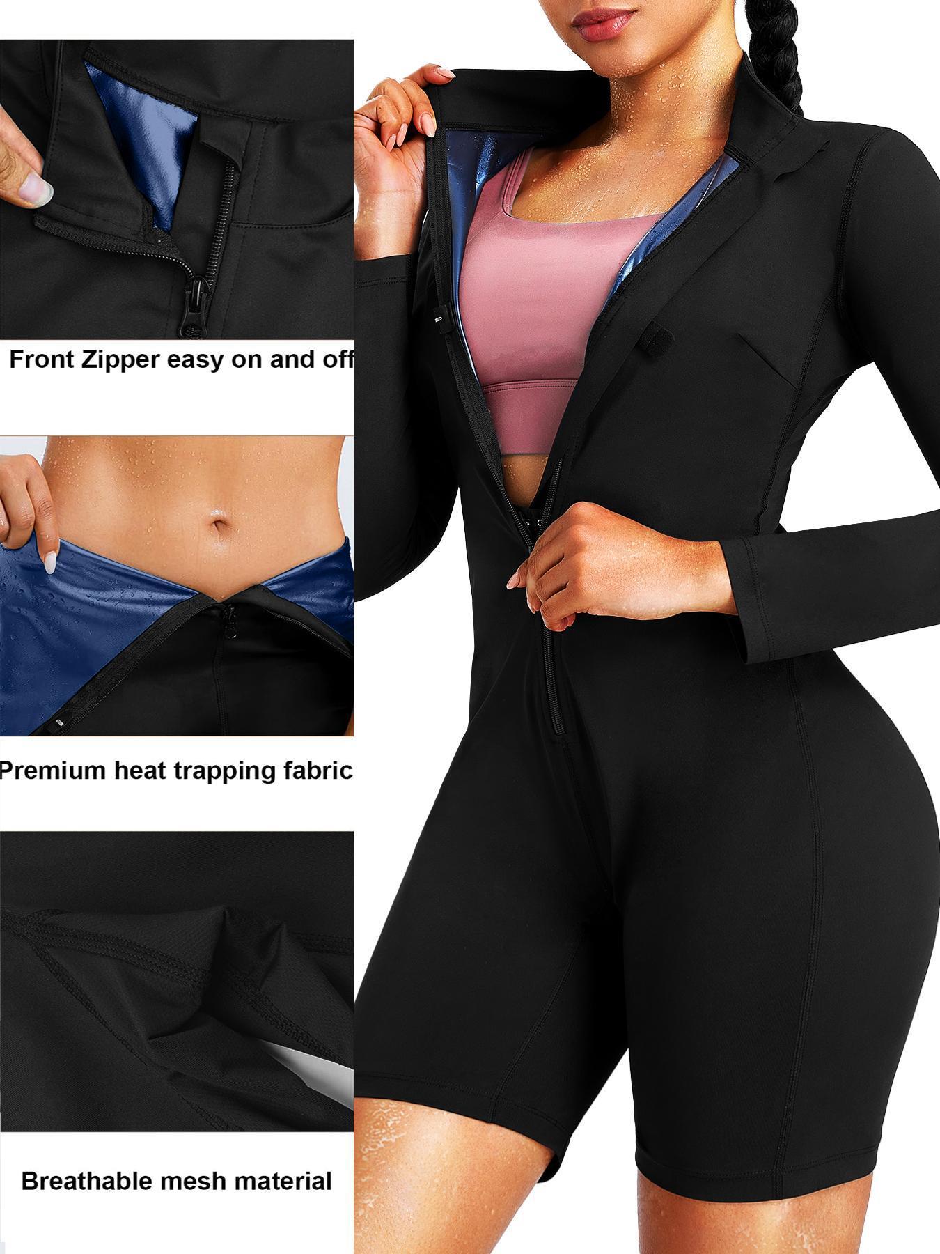 Women's body shaping + sauna sweating dual-function tummy control jumpsuit, thermal control fiber coated fabric promotes sweating and slimming, jumpsuit long sleeve shorts suitable for all seasons