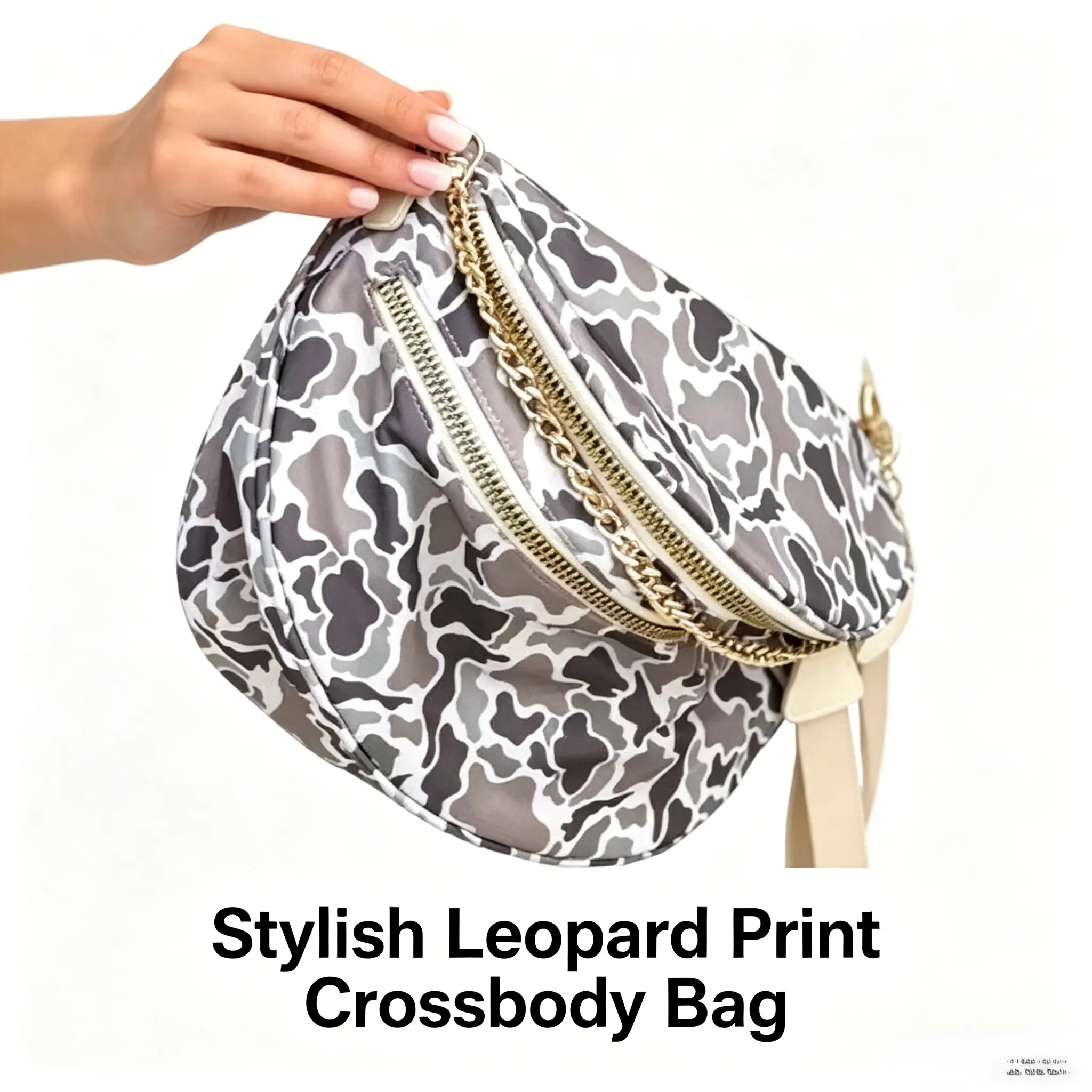Women's Nylon Crescent Bum Bag - Gray Camo & Leopard Patterns, Gold Double Zippers & Chain, Stain-Resistant Wrinkle-Resistant, Ultra Durable Nylon Fabric, Wide Adjustable Strap, Street & Daily Errands Crossbody Chest Bag for Travel, Sports