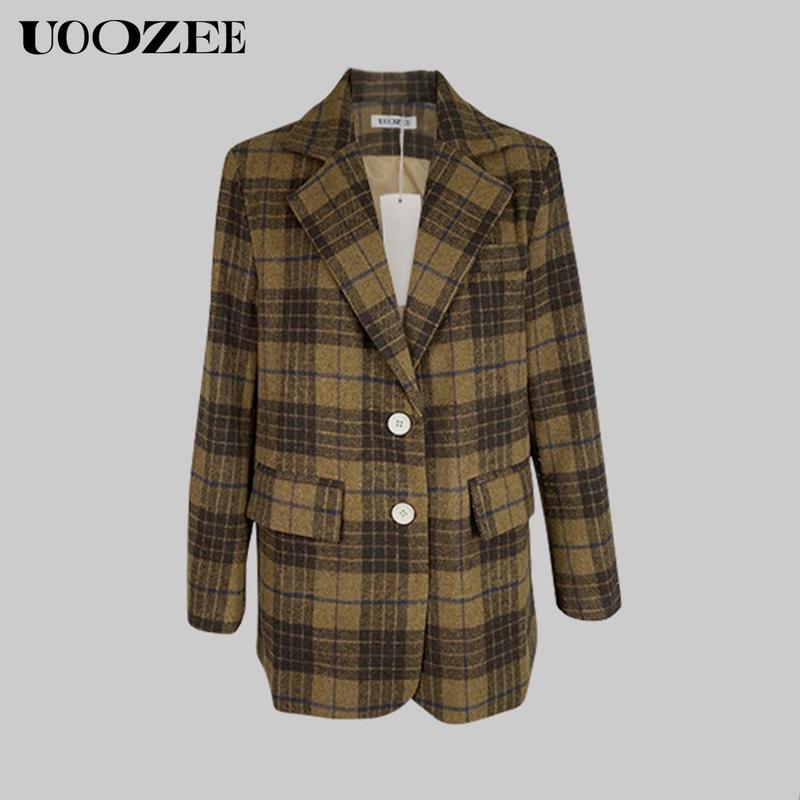 UOOZEE Women's Autumn Winter Retro Classic 2 Piece Blazer Suit, No Belt Pockets Blazer New Long Sleeves Loose Elegant Formal Business Outerwears Jackets & Plaid Pockets High Waisted Loose Full Length Trousers Pants