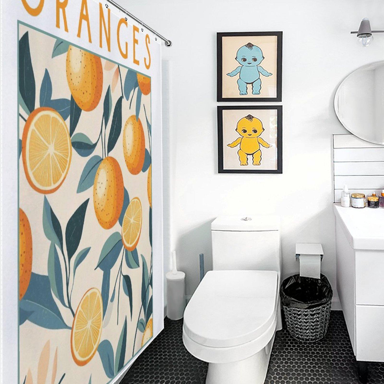 Vintage Orange Fruit Shower Curtain, Citrus Botanical Leaf Print Bathroom Decor, Waterproof Polyester Bath Curtain with Hooks, Summer Fresh Aesthetic Accessory