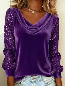 Women's Fashion Plus Size Velvet Puff Collar Long Sleeve T-Shirt, Sequin Patchwork Top, Casual Style, Comfortable Fit