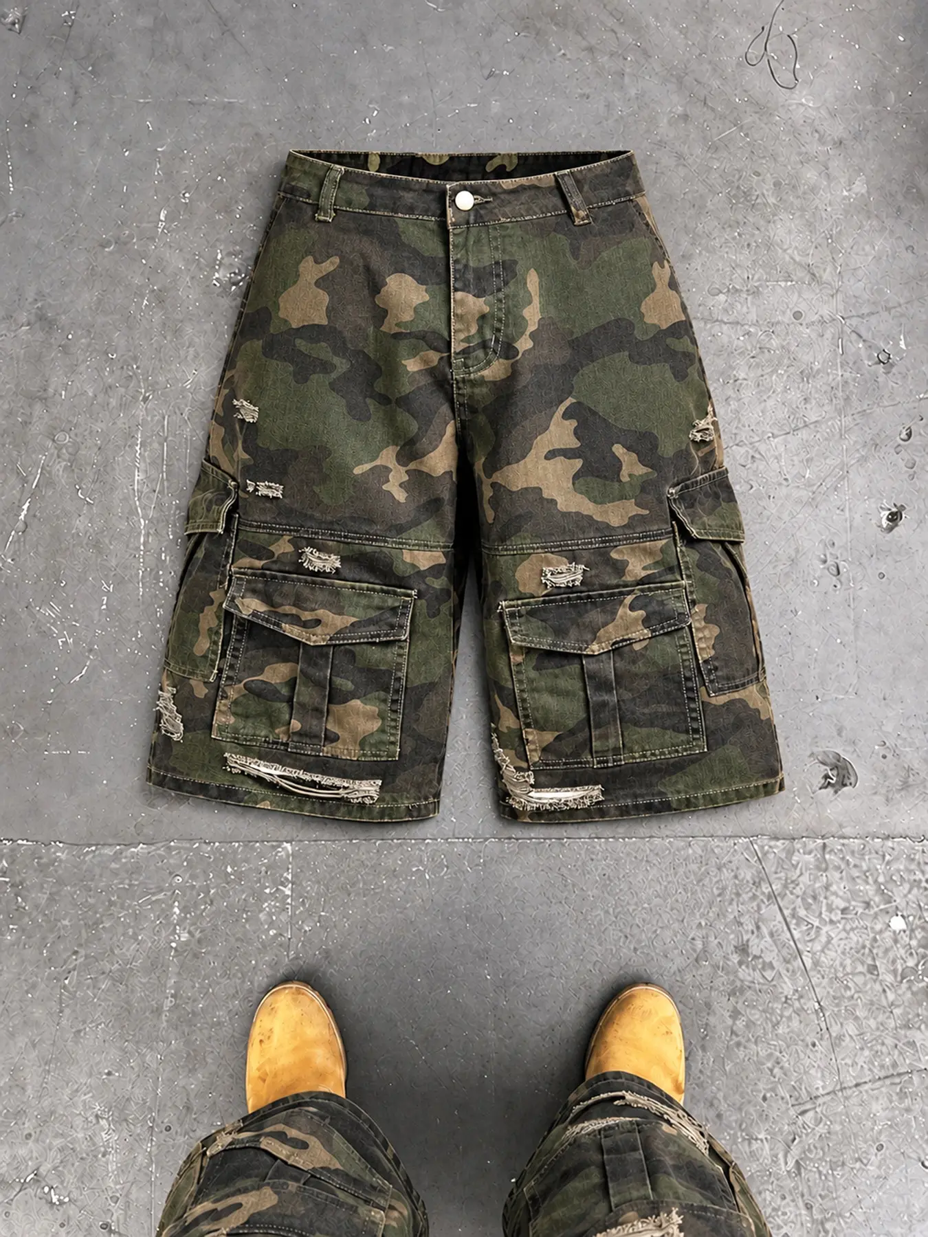 Men's Camouflage Denim Cargo Seven-Quarter Pants, Y2K Retro Street Style, Loose Straight Leg, Military, Durable Cotton Fabric, Jeans