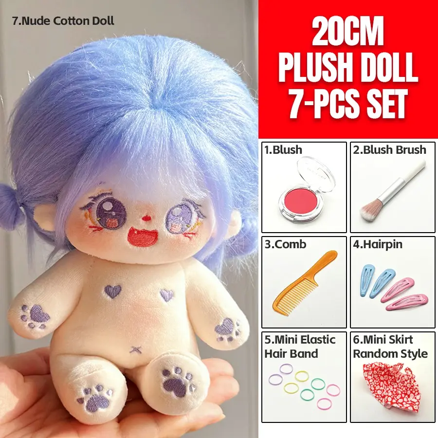 Cute 20cm Cotton Doll GU LU  blue Hair Soft Plush Doll 7-Piece Set StuffedToy  with Makeup Accessories Skirt Hairpin Comb Desk Display Collectible Gift Kawaii Dolls