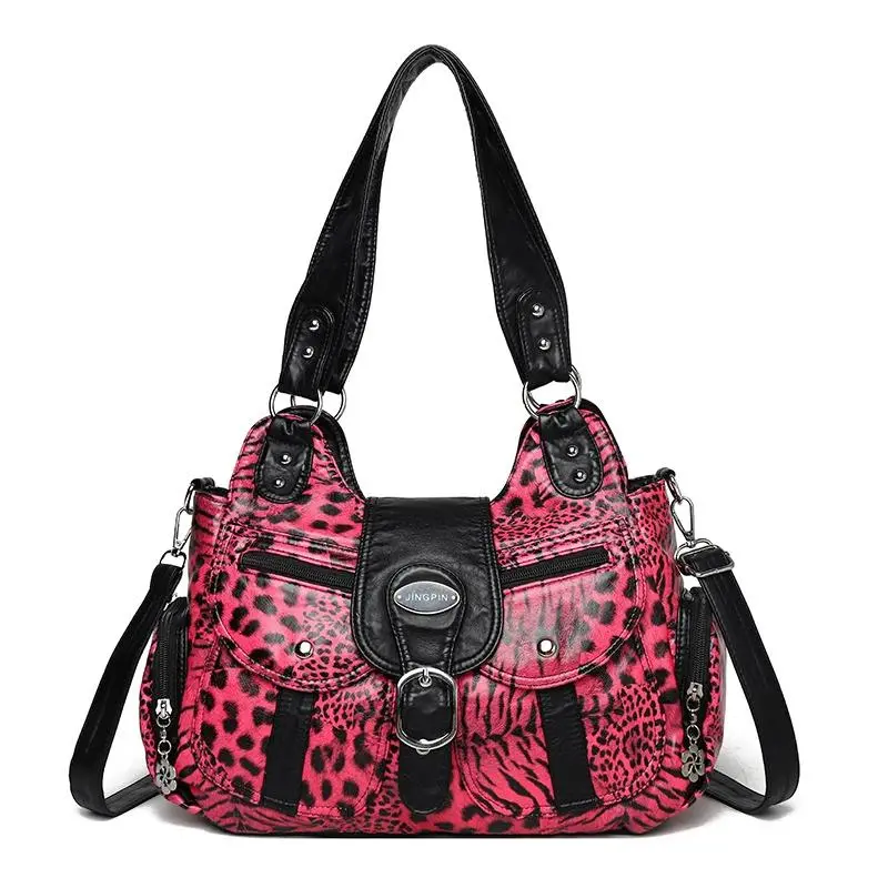 Biker Style Rivet Studded Leopard Print Handbag Large Capacity Multi Pocket Motorcycle Shoulder Bag Casual Retro Tote Satchel