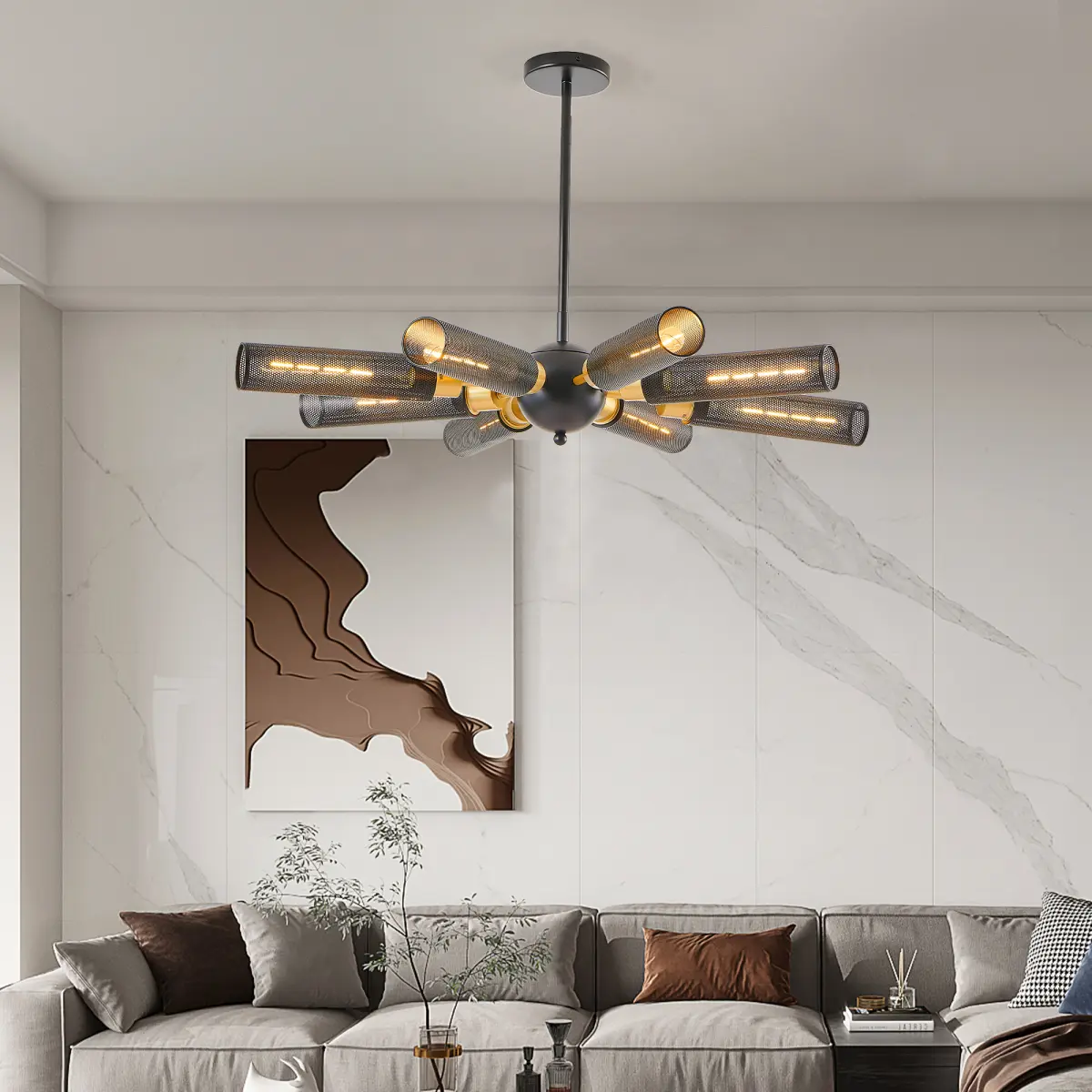 34" Modern Industrial Sputnik Chandelier, 8-Light Black and Gold Metal Pendant Light with Mesh Shades, E26 Base, Adjustable Height for Dining Room, Living Room, or Kitchen Island (Bulb Not Included)