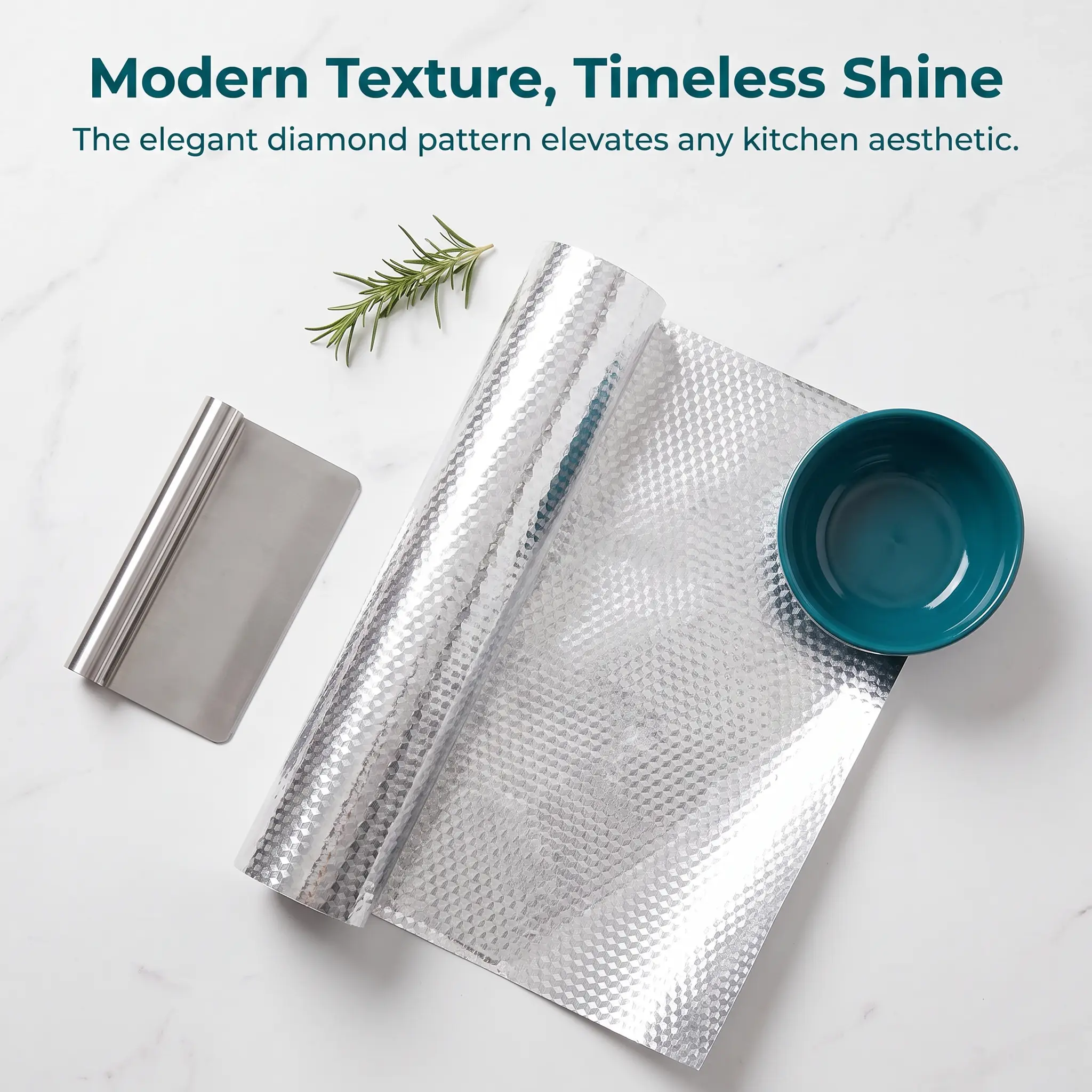 15.7 x 118 Inches Silver Cube Texture Aluminum Foil Contact Paper, Self Adhesive Kitchen Backsplash Wallpaper, Waterproof Heat Resistant Oil Proof Peel and Stick Cabinet Liner Non-Woven Fabric