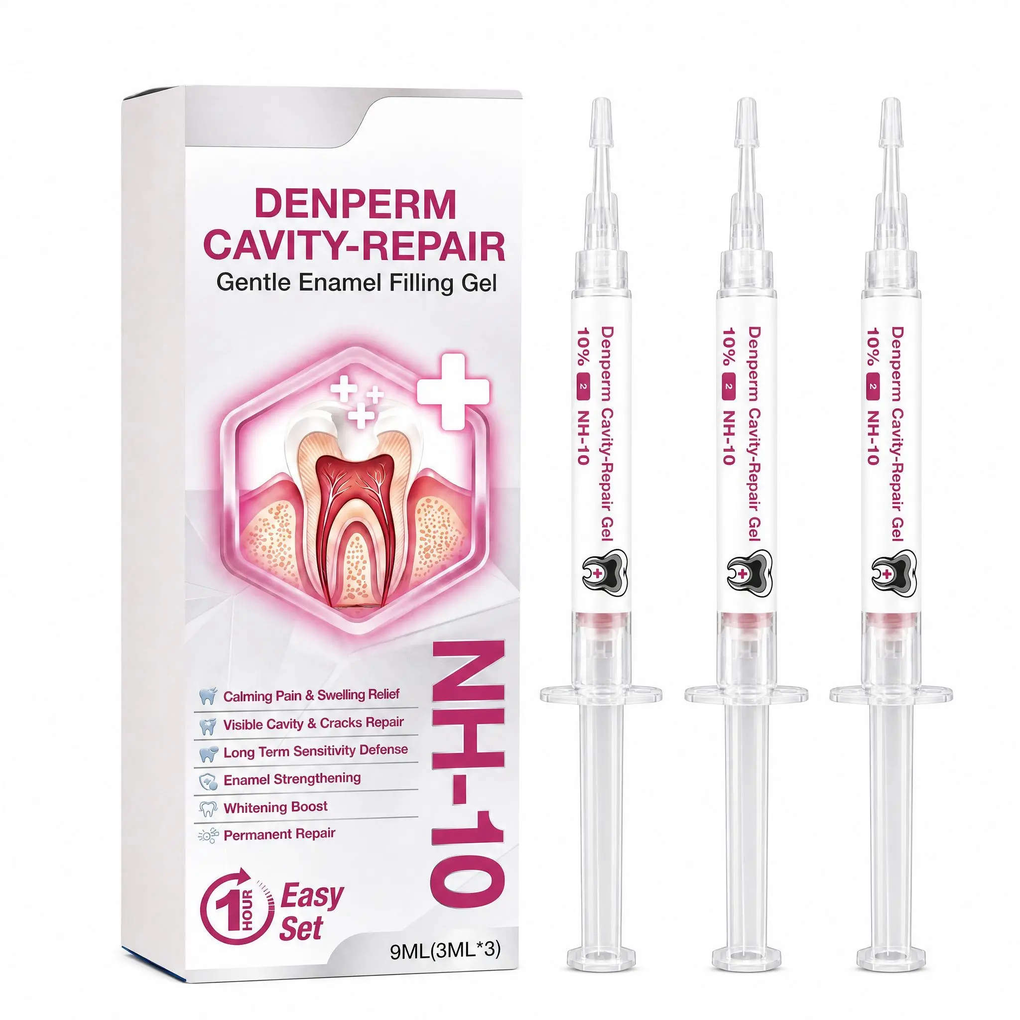 DenPerm Cavity Repair Natural Enamel Filling Gel Fresh Mint Flavor for Daily Enamel Care and Sensitive Teeth, NH-10, 3ml * 3