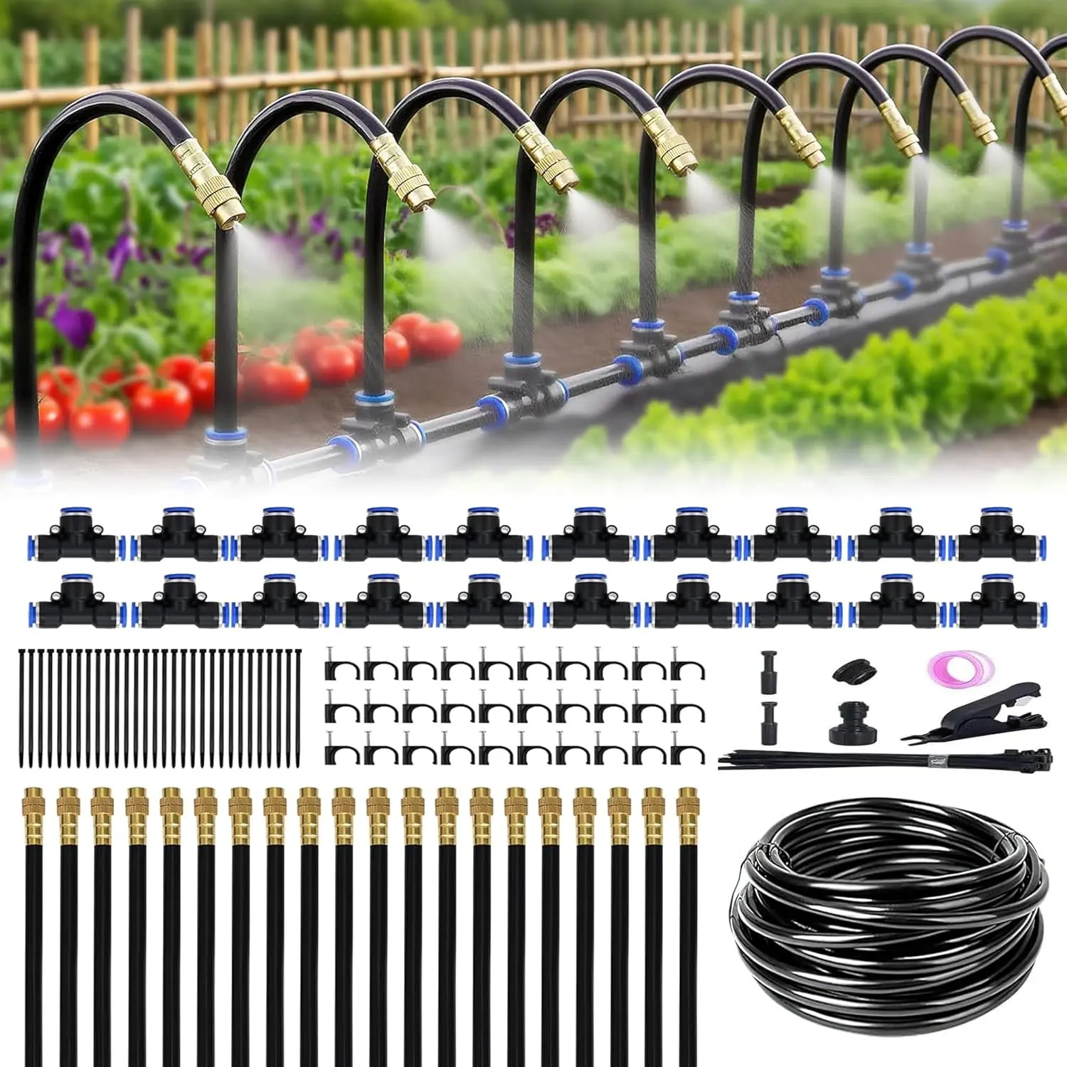 360° Adjustable Drip Irrigation System - 100FT Garden Watering System with 15 Nozzles, Garden Irrigation System, Greenhouse Accessories, Atomizing System for Yard, Lawn, , 5/16 inch Hose