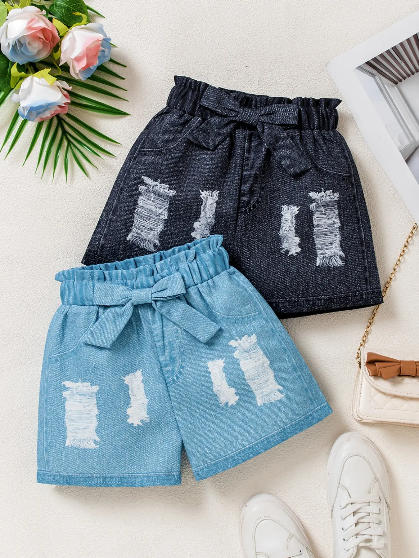 Toddler Girls Faux Denim Ripped Shorts, Elastic High Waist with Bow Tie, Casual Summer Jean-Look Shorts in Light & Dark Blue