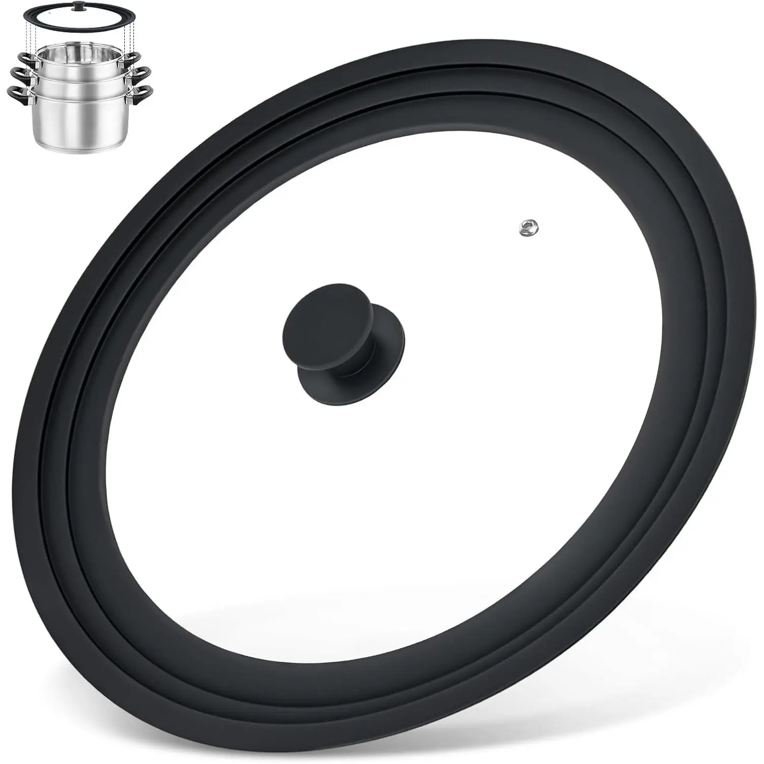 13-14-15 in Universal Lid for Oversized Pots, Pans and Skillets, Extra Large Pot Lid Tempered Glass Lid with Heat-Resistant Silicone Edge, Cookware Lids, Replacement Frying Pan Cover, Black