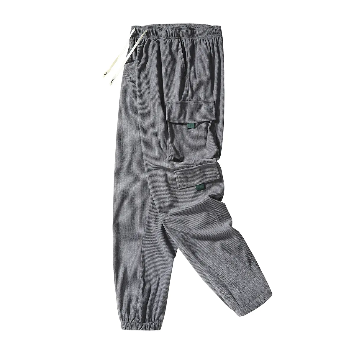 Men's Polyester Plain Corduroy Utility Jogger Pants - Mid Waist Drawstring Elastic, Flap Cargo Pockets with Small Tag Detail, Ribbed Cuffs Ankle, Loose-Fit Urban Casual Bottoms for Streetwear