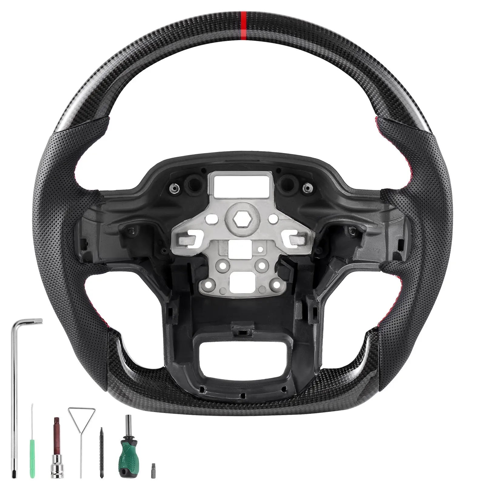 【DealsForYouDays】VEVOR D-Shaped Flat-Bottomed Steering Wheel Replacement Part Set for 2021-2024 Ford F150, Carbon Fiber, Leather Non-Slip Grip, Precise Stitching, Black Hand Tool Accessory Kit
