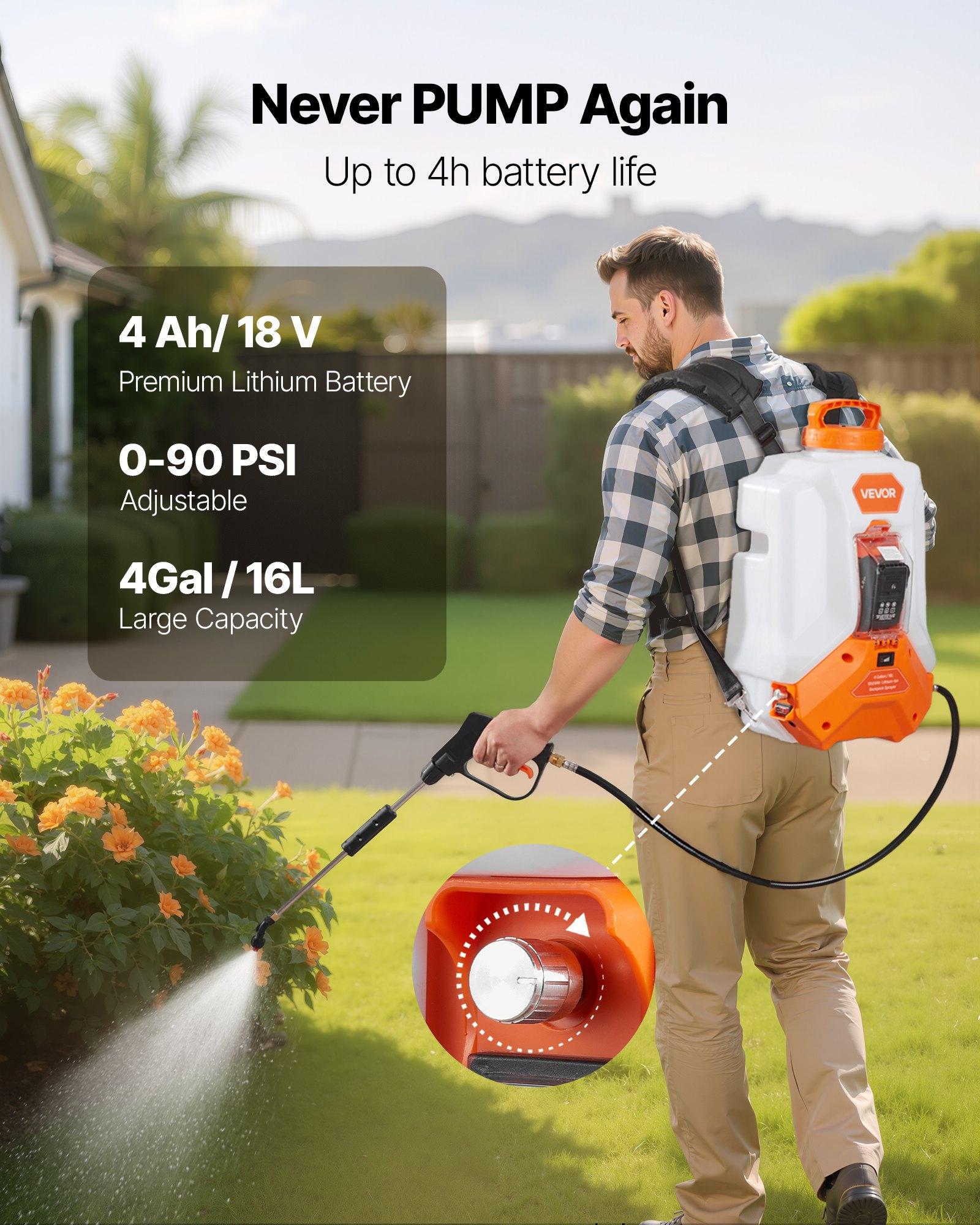 VEVOR Battery Powered Backpack Sprayer, 4 Gallons Electric Backpack Sprayer, 2 Wands & 8 Nozzles, Adjustable 0-90 PSI, 4H Runtime, Portable Yard Garden Lawn Sprayers for Weeding Spraying Cleaning