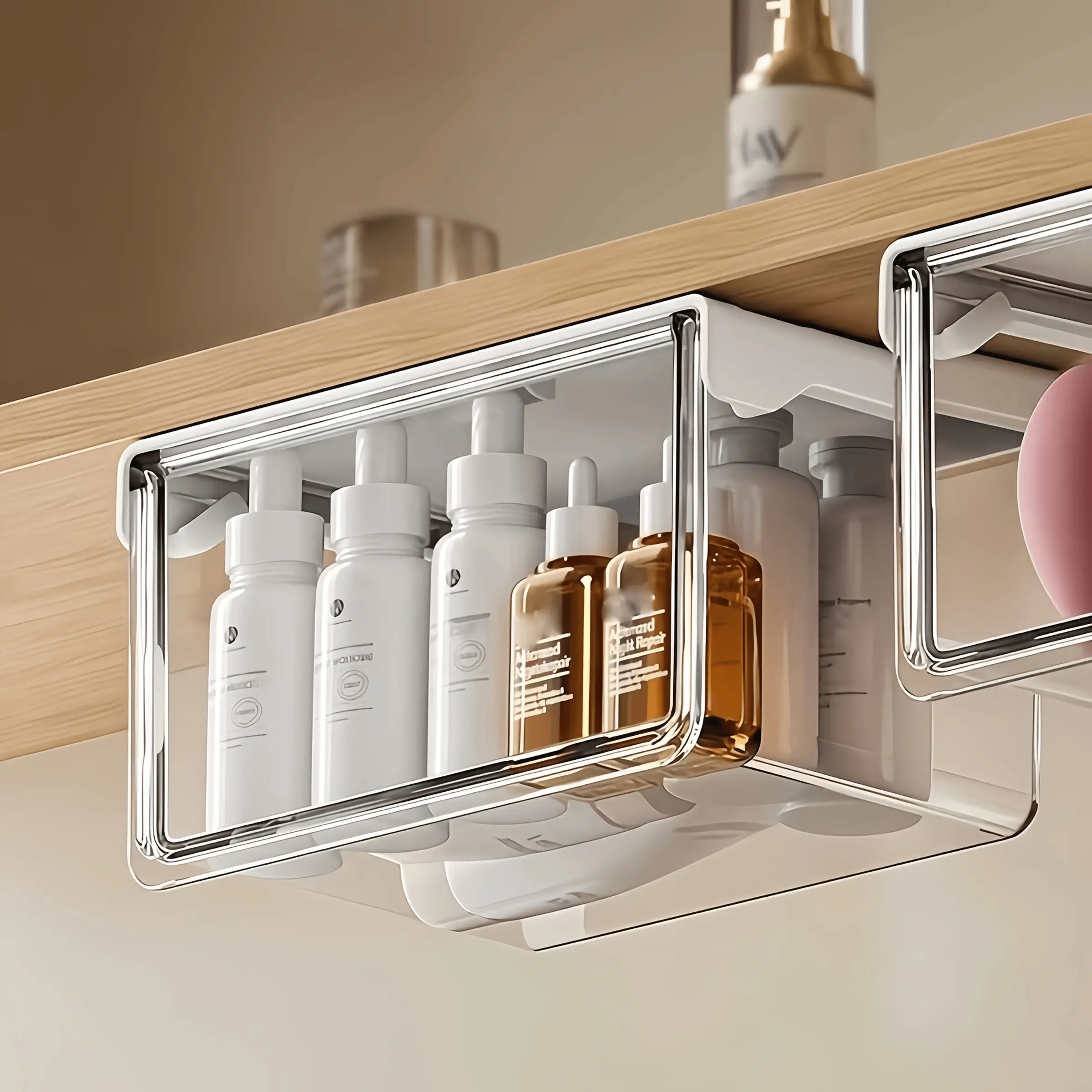 Transparent Acrylic Cosmetic Organizer Drawer, 33° Inclined No-Drill Adhesive Box, Bathroom Makeup Storage, Cotton Swabs Holder
