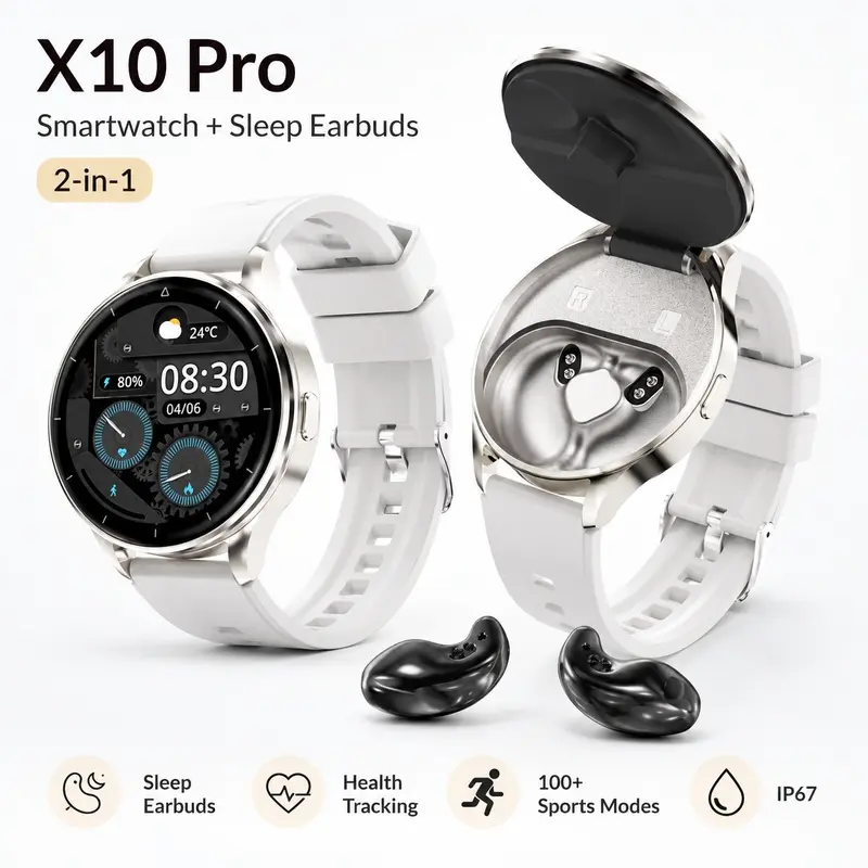 2-in-1 Smart Watch with Sleep Earbuds, 1.46-Inch HD Touch Screen, Bluetooth Calls, Heart Rate Blood Oxygen Sleep Tracking, 100+ Sports Modes