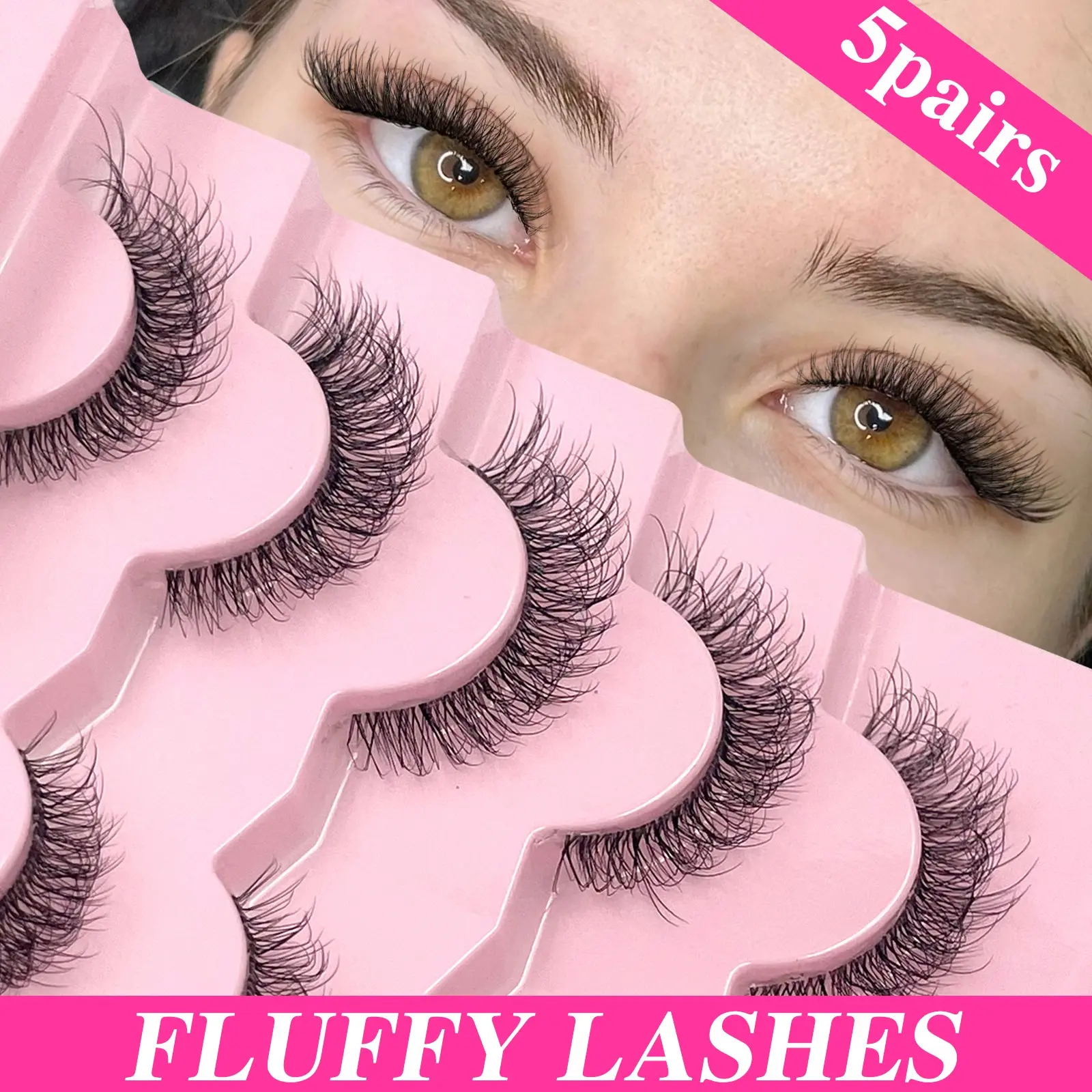 5 Pairs Cat Eye Eyelashes, Clear & Bands, 3D Natural False Lashes, Fluffy Soft Cross Manga Style, Wispy Eyelash Extensions